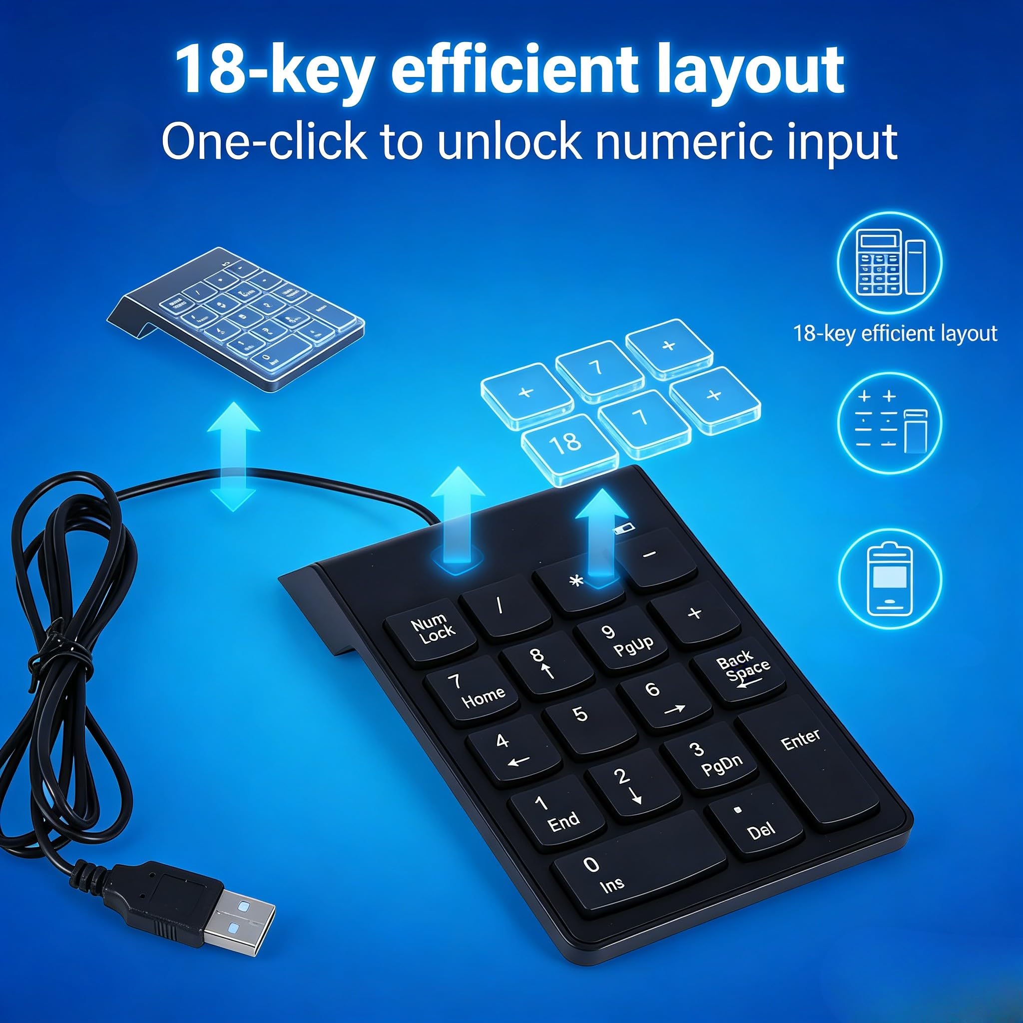 Klawiatura numeryczna USB, przewodowa klawiatura numeryczna, klawiatura cyfrowa z 18 przyciskami, przenośne akcesoria do klawiatury, klawiatura numeryczna do księgowości finansowej, laptop, PC