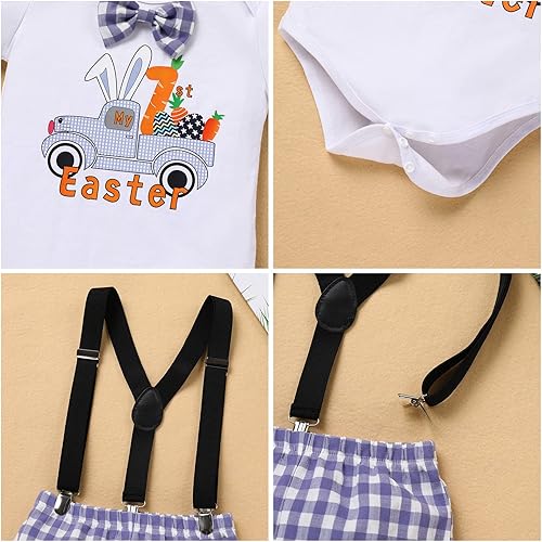 Miniatura 6 de IMEKIS Conjunto de ropa de primera Pascua para bebés y niños con tirantes  pantalones cortos de conejito para primer cumpleaños de pastel para