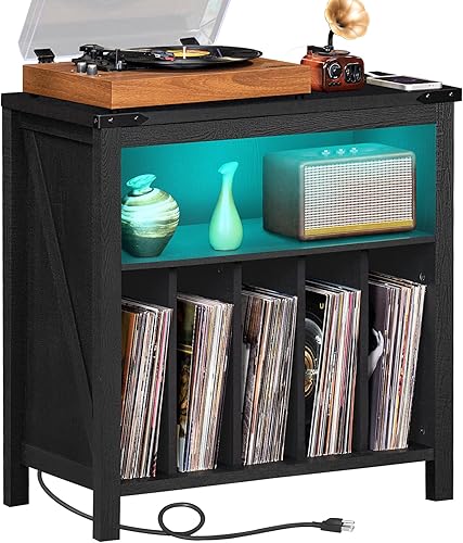 Soporte grande para tocadiscos con estación de carga y luces LED, gabinete de almacenamiento de discos de vinilo con capacidad para hasta 230