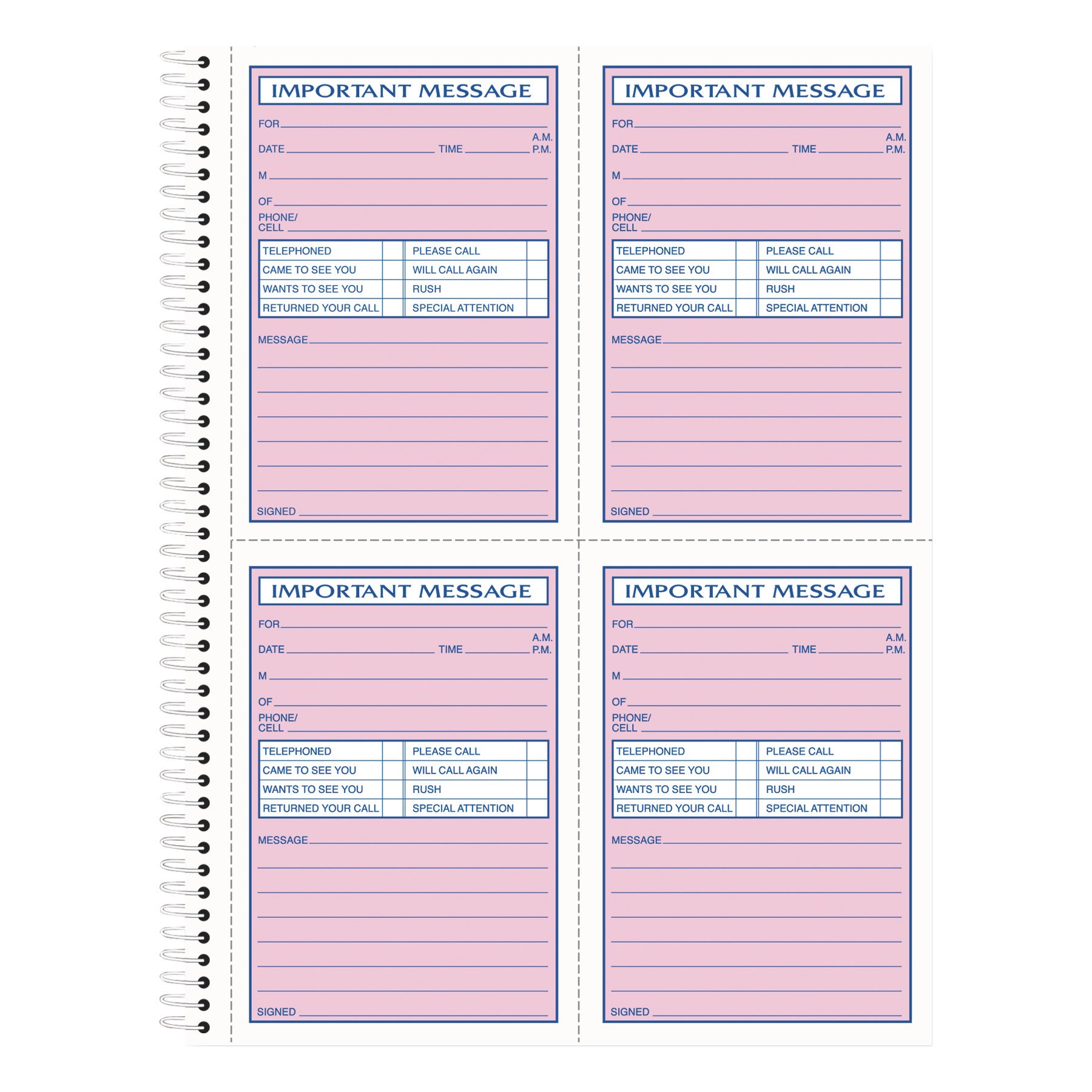 tops phone message book, spiral bound, 2-part, carbonless, white and canary, 4 messages per page, 400 sets (4009)