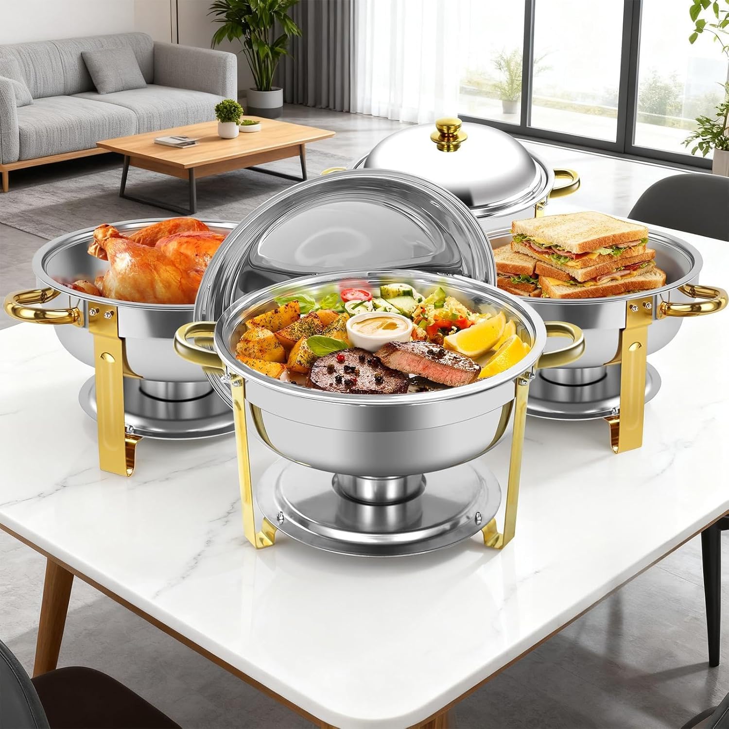 Chafing Dishes for Buffet, Buffet Servers and Warmers, 4 Pack 6QT Stainless Steel Food Warmers for Parties, Catering Supplies Buffet Display Chafing Dish for Parties, Golden