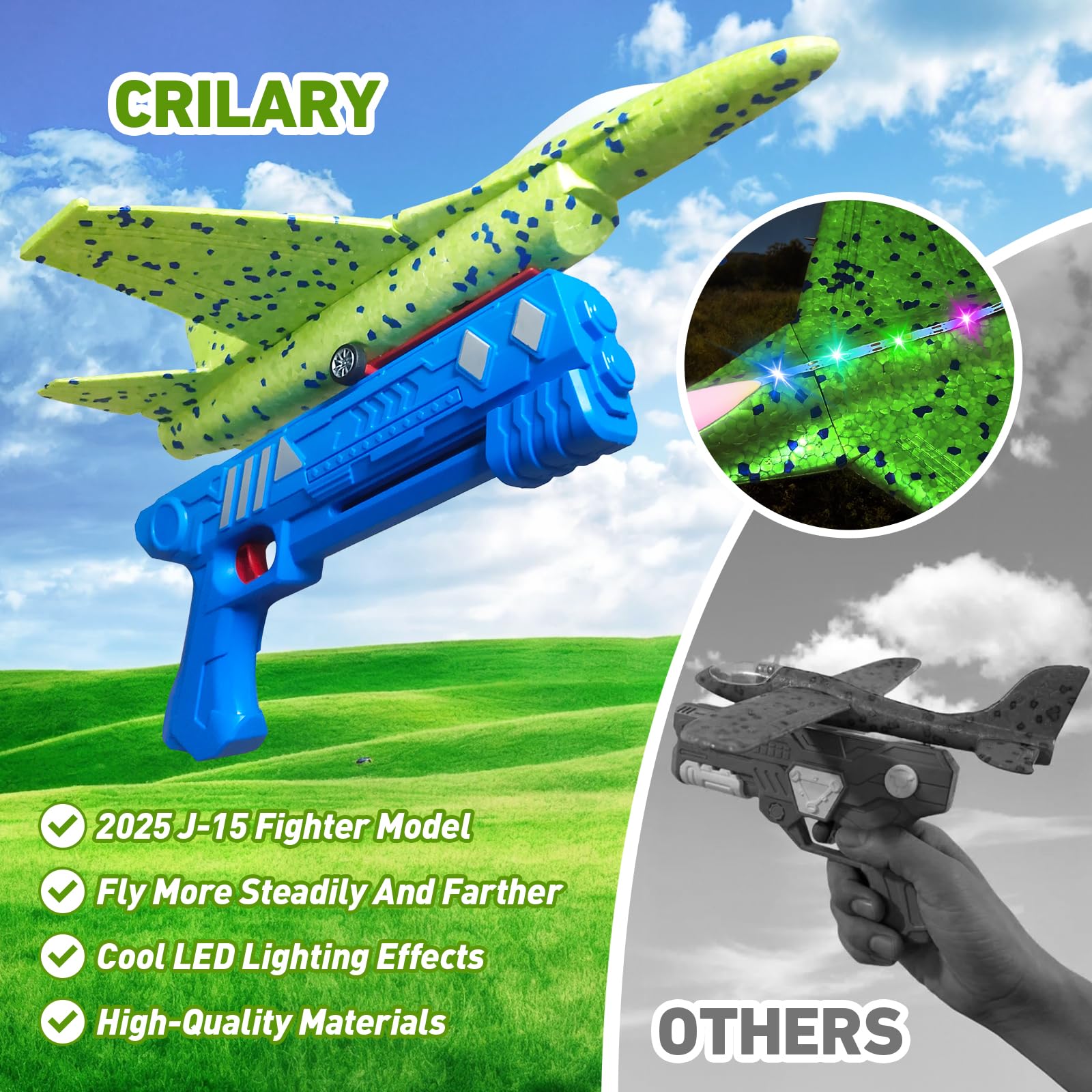 3 Pack Airplane Launcher Toys, 13.2 inch LED Foam 2025 J-15 Fighter Jet ＆ Glider Catapult Plane for Boys, Flying Toys Birthday Halloween for Boys Girls 4 5 6 7 8 9 10 11 12 Year Old