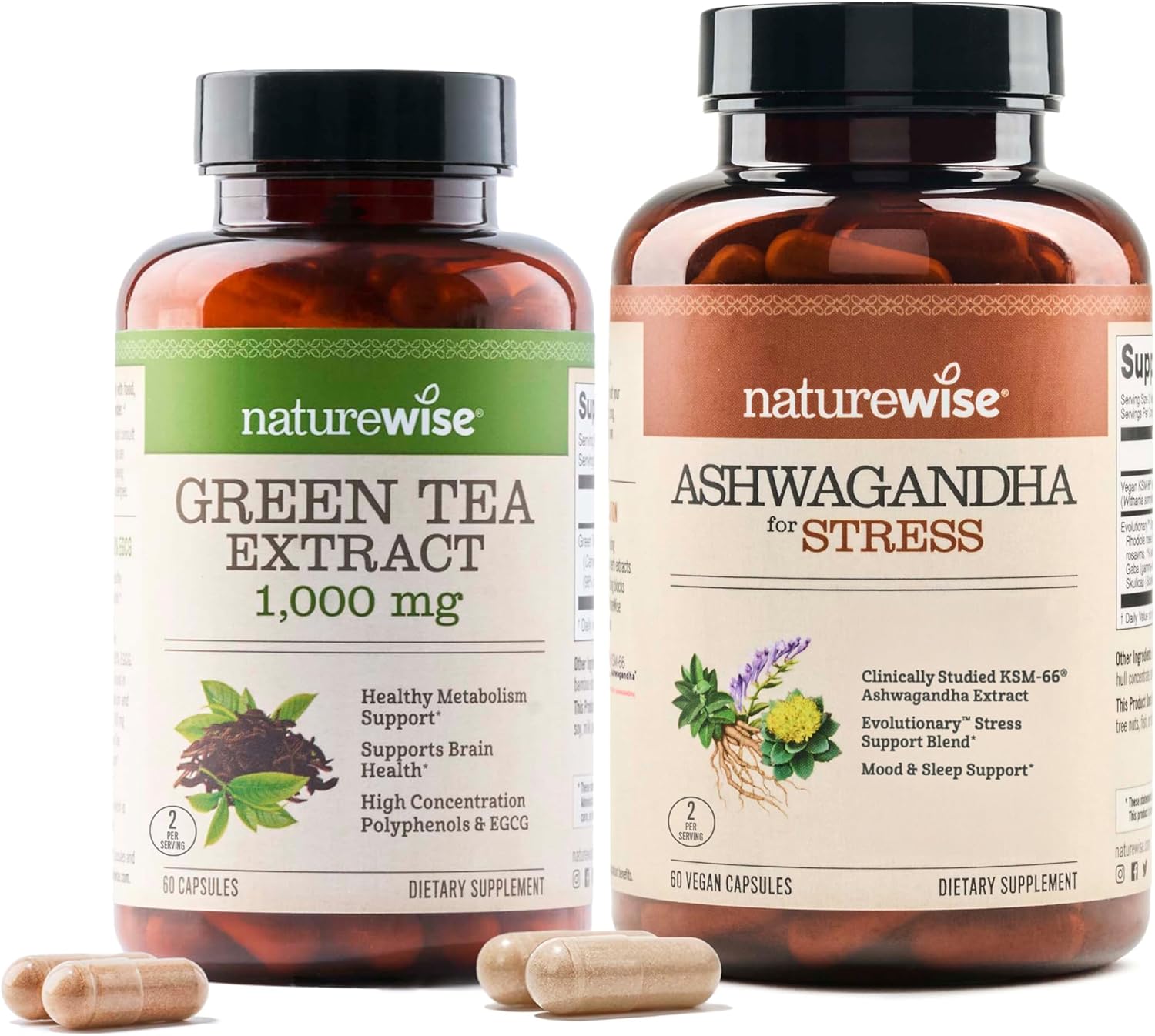 NatureWise [1] Green Tea Extract 1000 mg - Vegan, Non-GMO - 60 Capsules[30-Day Supply] + [1] Ashwagandha for Stress + GABA & L-Theanine - 60 Capsules[30-Day Supply]