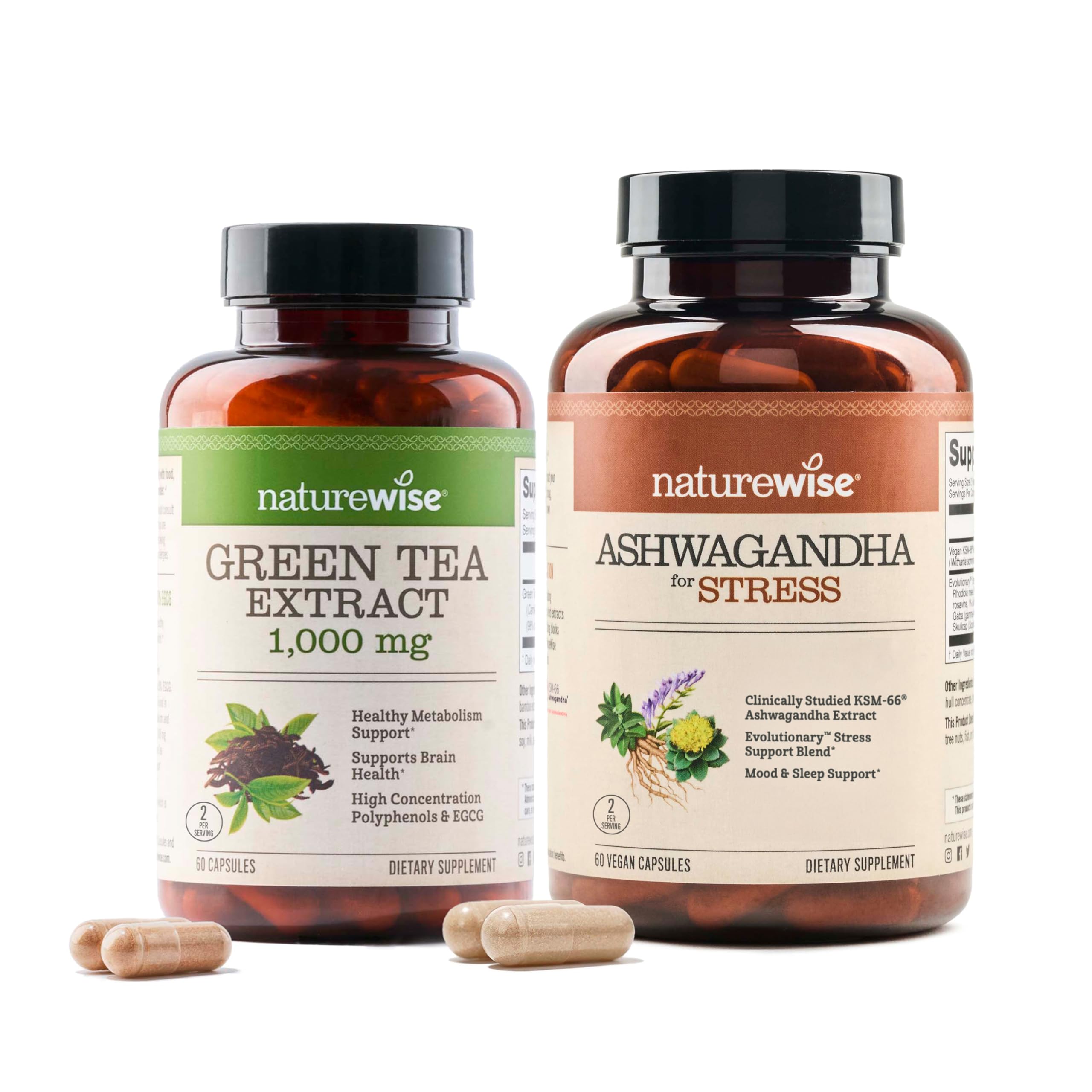 NatureWise [1] Green Tea Extract 1000 mg - Vegan, Non-GMO - 60 Capsules[30-Day Supply] + [1] Ashwagandha for Stress + GABA & L-Theanine - 60 Capsules[30-Day Sup
