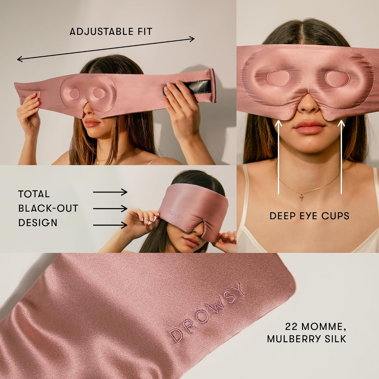 DROWSY Eyelash Protecting Silk Sleep Mask for Natural Lashes & Extensions. Deep Eye Cups, Zero Pressure, Total Blackout, Full Wraparound (Damask Rose) - Image 4