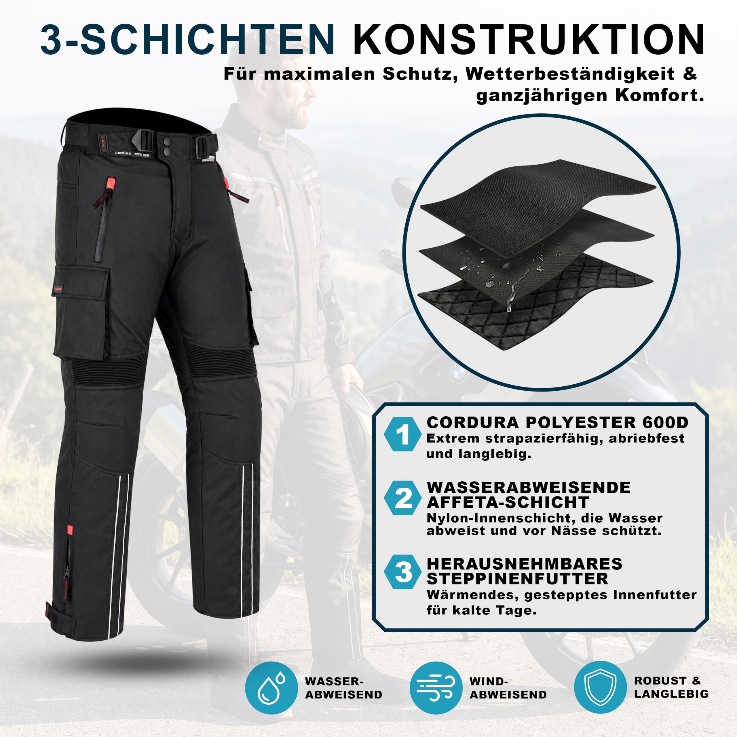 BULLDT Motorradhose Herren Motorrad Textilhose mit Protektoren Cargohose aus Cordura 600D Schwarz Herausnehmbares Innenfutter Windabweisend Kombigeeignet 3M Reflektoren Cargo Taschen