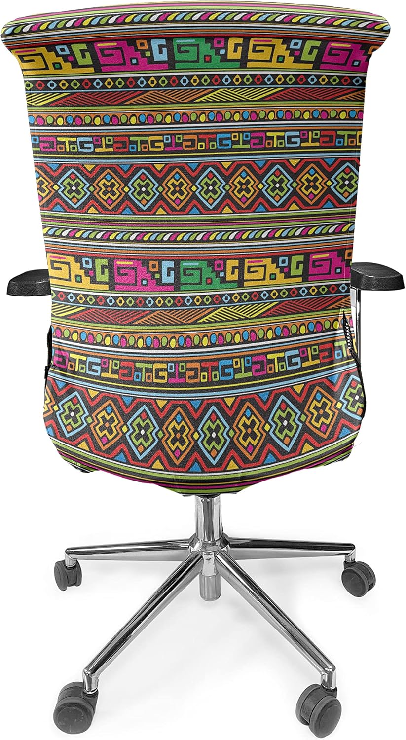 Ambesonne African Office Chair Cover, Ancestral Borders in Lively Colors Geometric Indigenous Culture Art Design, Stretchable Decorative Universal Size High Back Printed Slipcover, Red Yellow