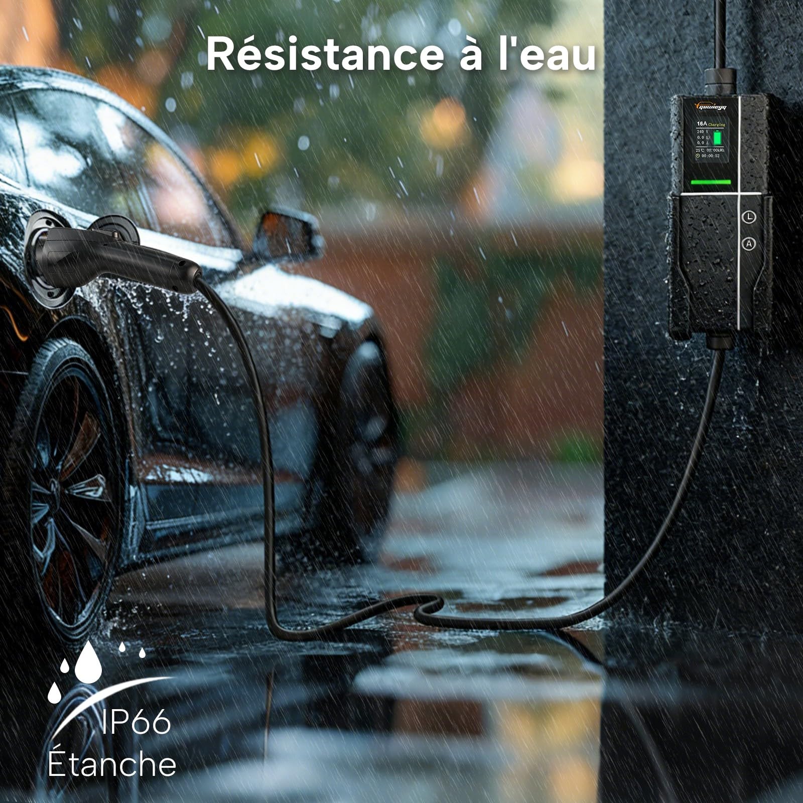 Type 1 Chargeur Voiture Electrique 3,5kW/16A/5m, Chargeur EV Schuko | avec Adaptateur Type 1 vers Type 2, Courant Réglable 8A-16A avec Étui de Transport, Écran LED, Minuteur de 6 heures, IP66
