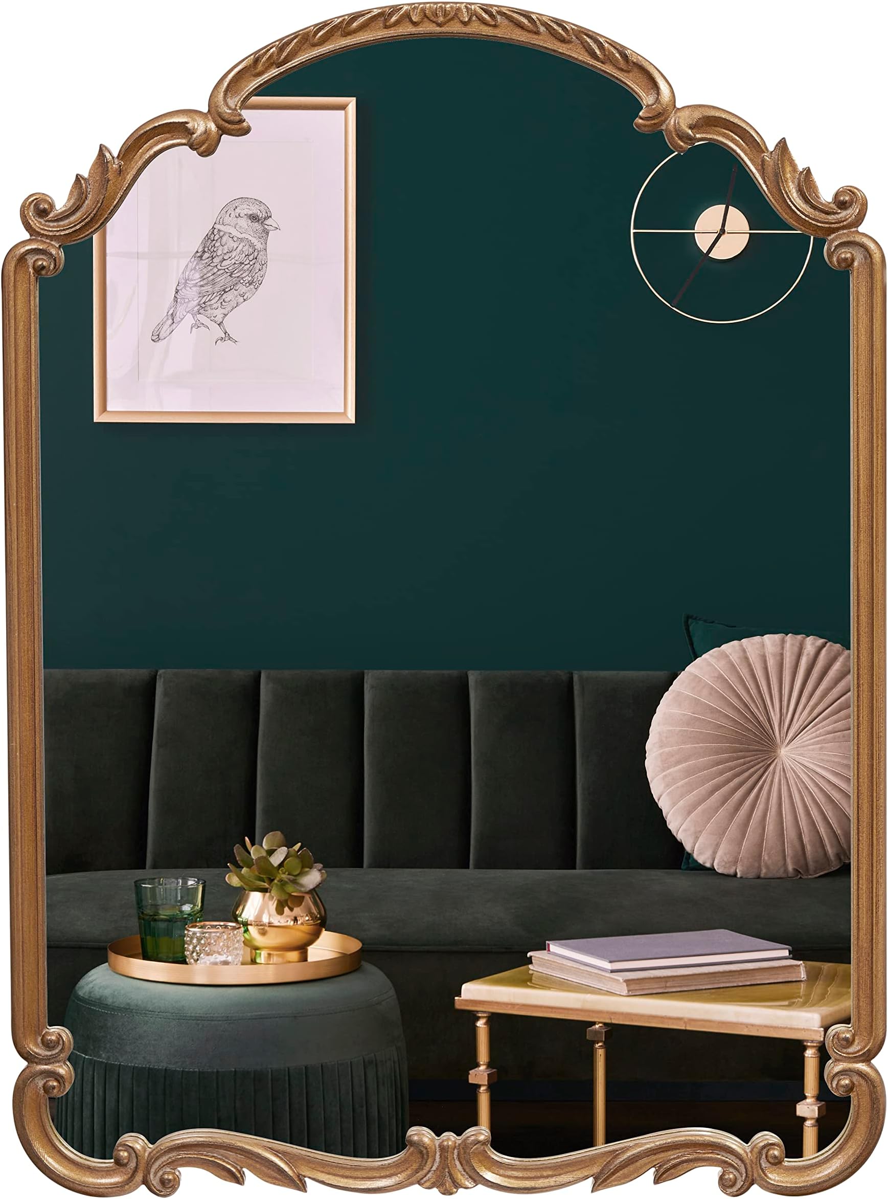 English Estate Carved Arch Wood Wall Mirror, Mirror for Entryway, Living Room, Bathroom, Antique Gold, 22x30