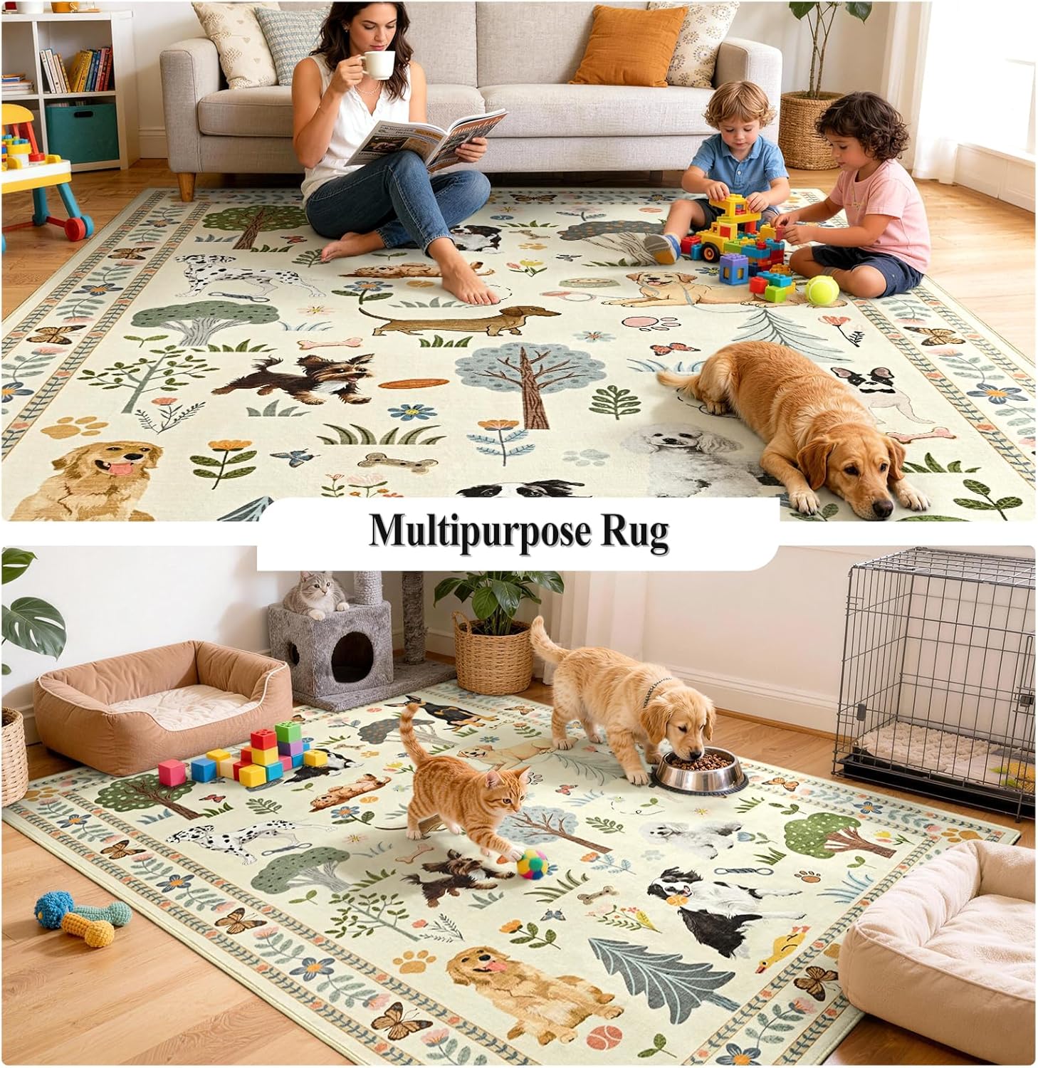 6x9 Area Rugs for Living Room Bedroom, Large Washable Floral Animal Dog Print Rug, Soft Stain Resistant Low Pile Non-Slip Thin Carpet for Dining Room Kids Playroom Dorm Home Decor, Beige