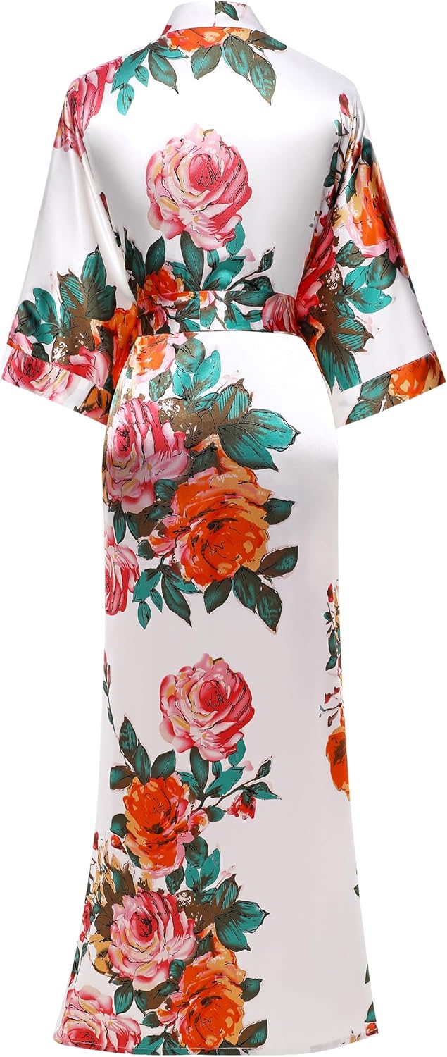 BABEYOND Women's Kimono Robe Long Satin Silky Floral Lightweight Bridesmaid Wedding Bachelorette Party Robe - Image 2