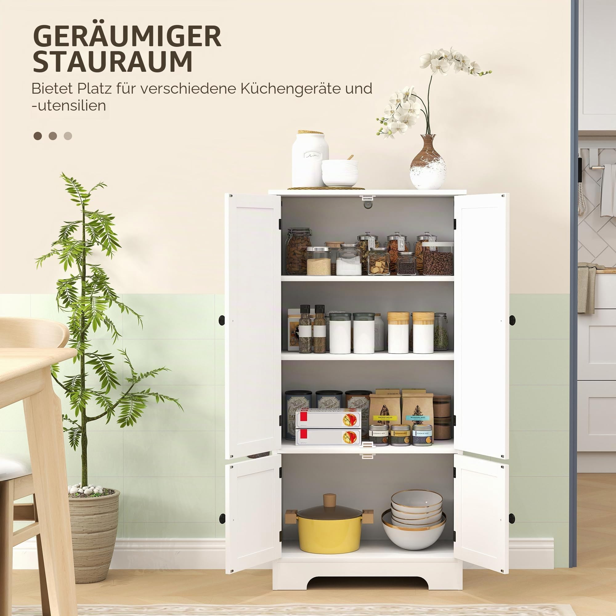 HOMCOM Küchenschrank mit verstellbaren Regalen 58.2x30x123cm Weiß | Küchenbuffet, Aufbewahrungsschrank mit Schränken, für Ess- & Wohnzimmer