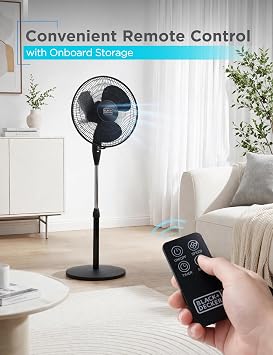BLACK+DECKER 16 Standing Oscillating Pedestal Fan with Remote, 90-Degree Oscillation, 3 Speed Settings, Adjustable Height, Timer, 30-Degree Tilt, BFSR16B, Black