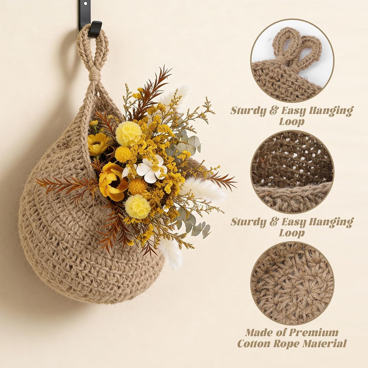 3 Pcs Larger Boho Wall Hanging Fruit Baskets for Kitchen Woven Produce Holder Strong Hooks Vegetable Hanging Basket for Organizing Teardrop Home Wall Potato Onion Storage, Caramel, Cotton
