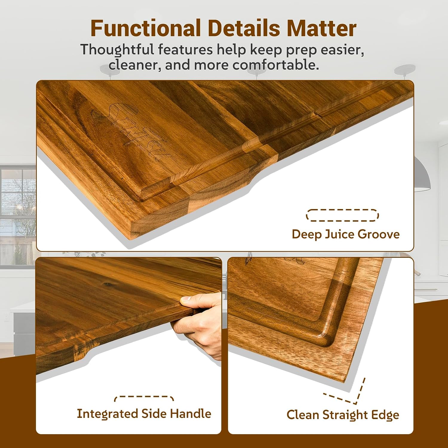 Sentsu Extra Large Acacia Wood Cutting Board 36 x 24 in, Deep Juice Groove