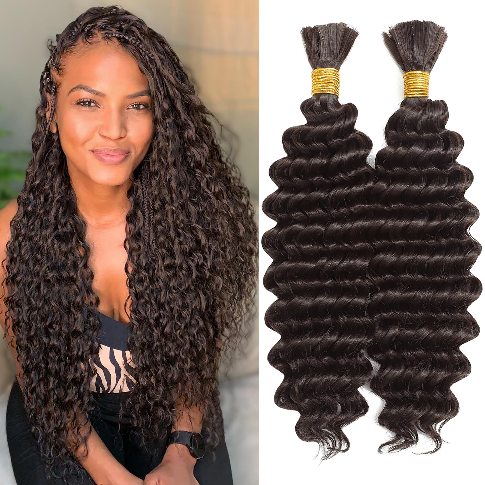 200g Boho Hair for Braiding 18 Inch 2 Bundles Dark Brown Deep Wave Curly Braiding Hair for Boho Braids No Weft Wet and Wavy Hair Extensions (#4)