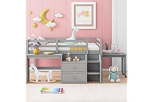 Full Size Loft Bed with Portable Desk and Steps and Storage Shelves