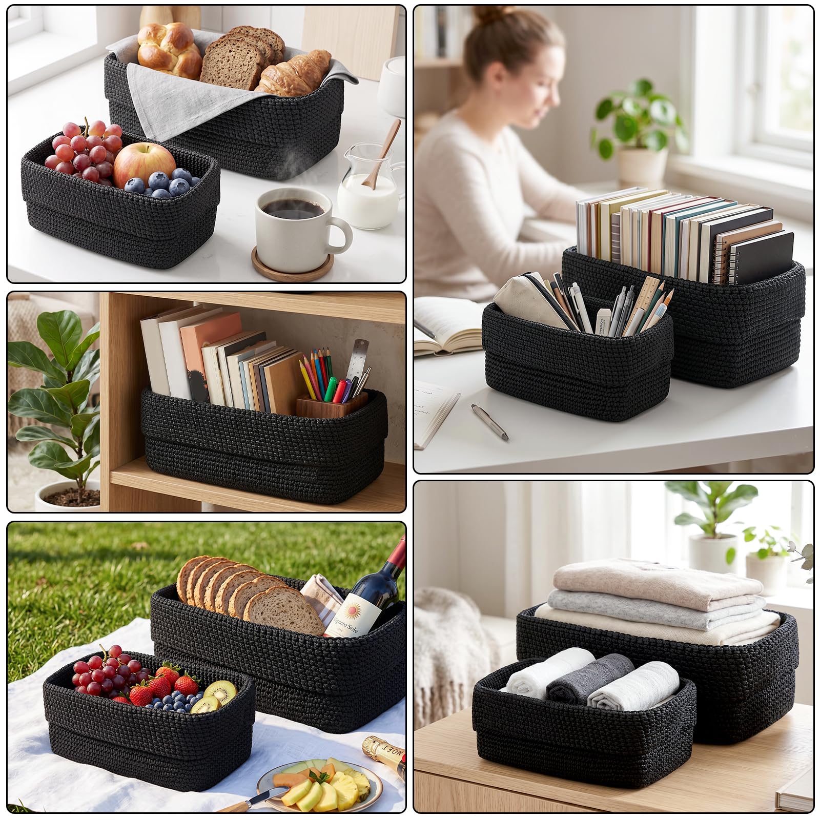 2 Piezas Cestas Almacenaje, Cesta de Ganchillo Tejida a Mano, Cestas de Almacenamiento, Cesta Organizadora Rectangular Grande y Pequeña para Baño, Salón y Oficina, Negro (negro)
