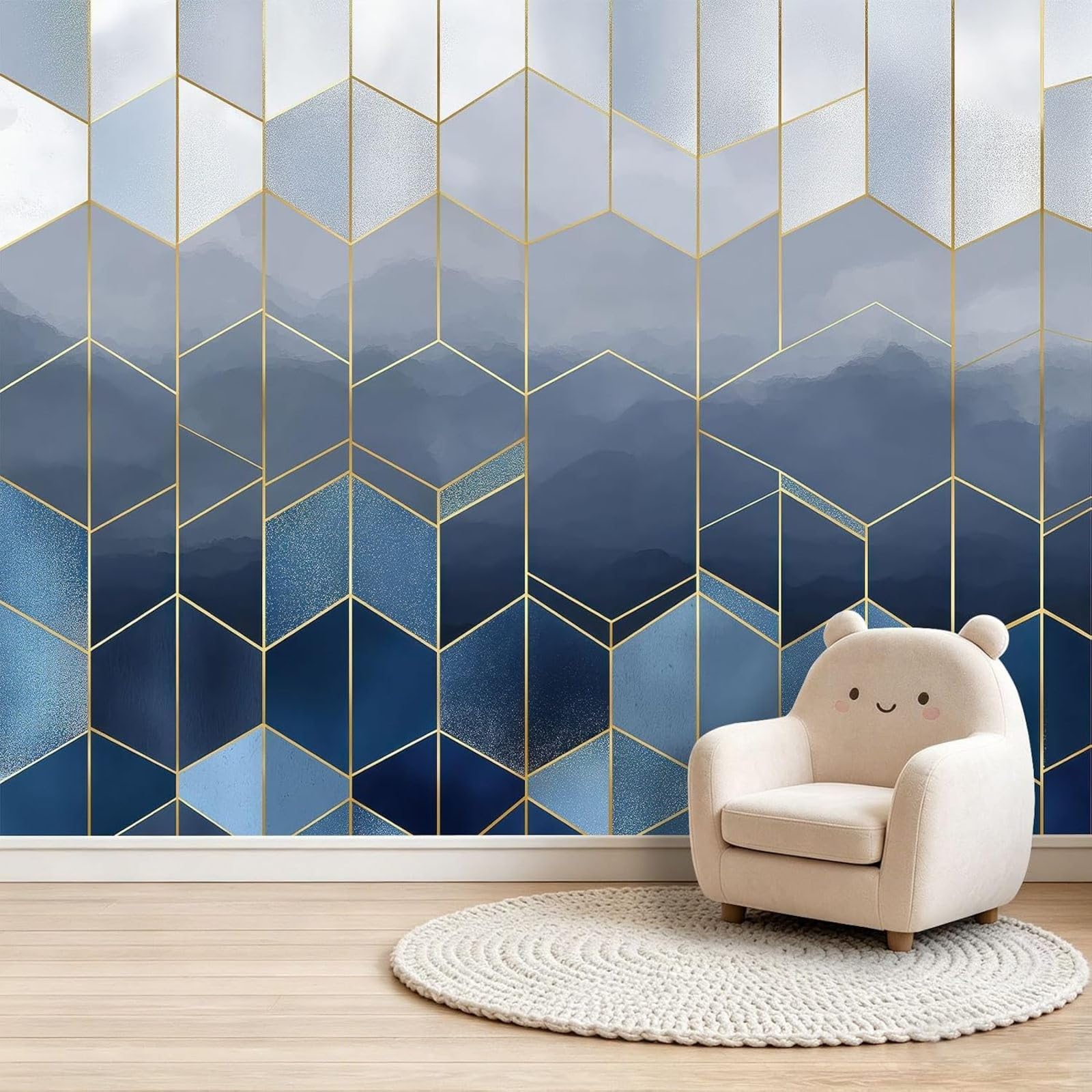 Kfjhgbdshhj 3D Mural Photo Mural-Wallpaper Photo, Grey-Blue, Abstract Gradient Geometric Hexagon Stripes, Bedroom, Living Room, Panoramic, Modern Children's Room Background, Minimalist Wall, 350Cm X 256Cm P