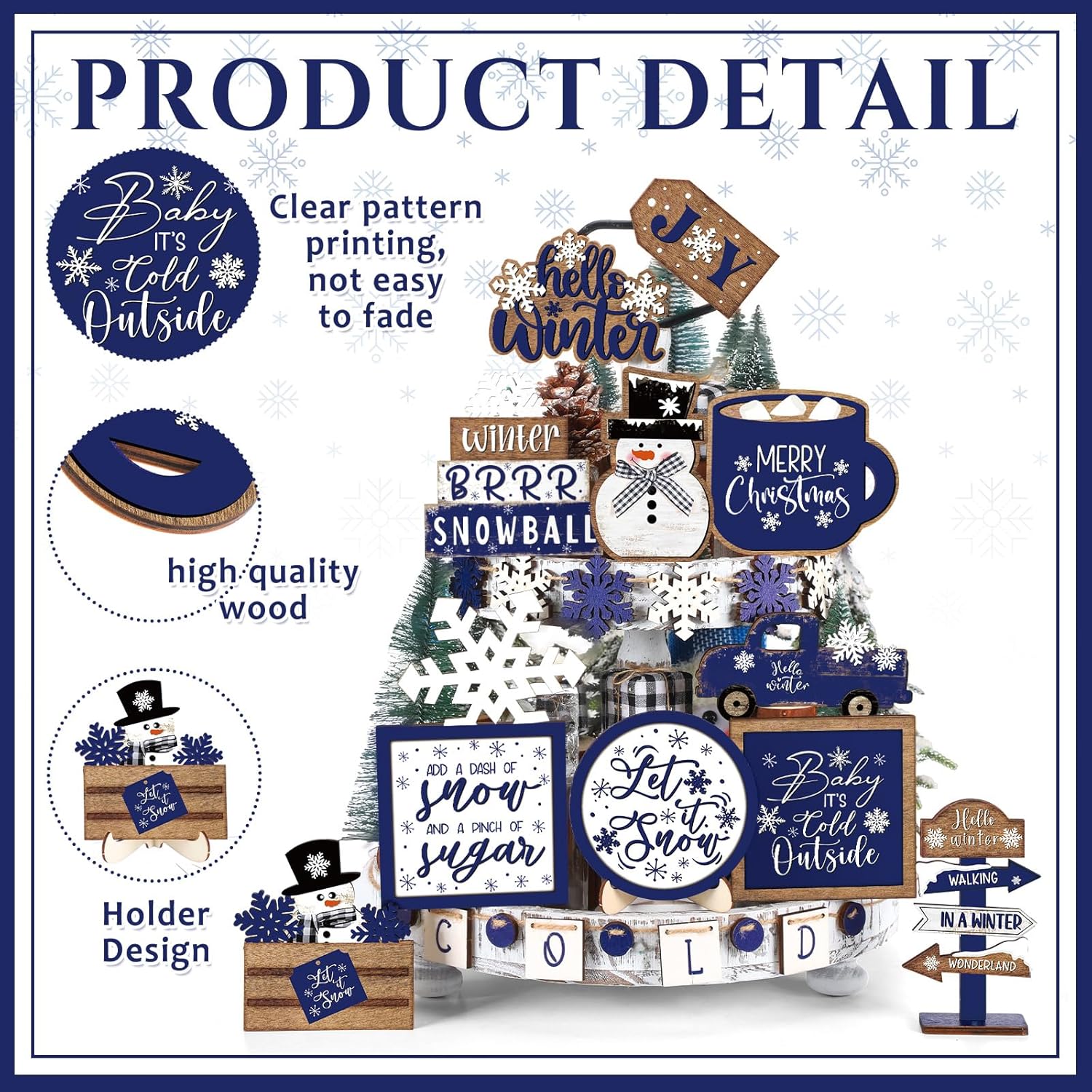 Christmas Tiered Tray Decor Winter Tiered Tray Decorations Set Snowman Snowflake Gnome Truck Wooden Signs Farmhouse Christmas Table Decorations for Home Table Shelf(Retro) - Image 4