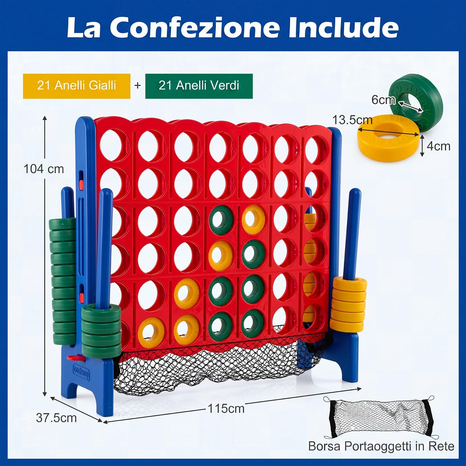 COSTWAY Forza 4 Gigante per Bambini e Adulti, Set Forza 4 per Interni ed Esterni con Rete per Pedine e 42 Pedine, Gioco Familiare per Feste e Vacanze