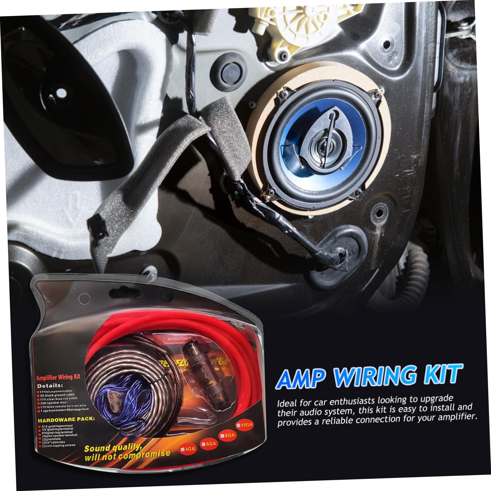 UKCOCO Kit de Câblage Solution Complète Amplificateur de Voiture pour 4 Gauge, Connecteurs RCA, Porte-fusible pour Système Audio Auto