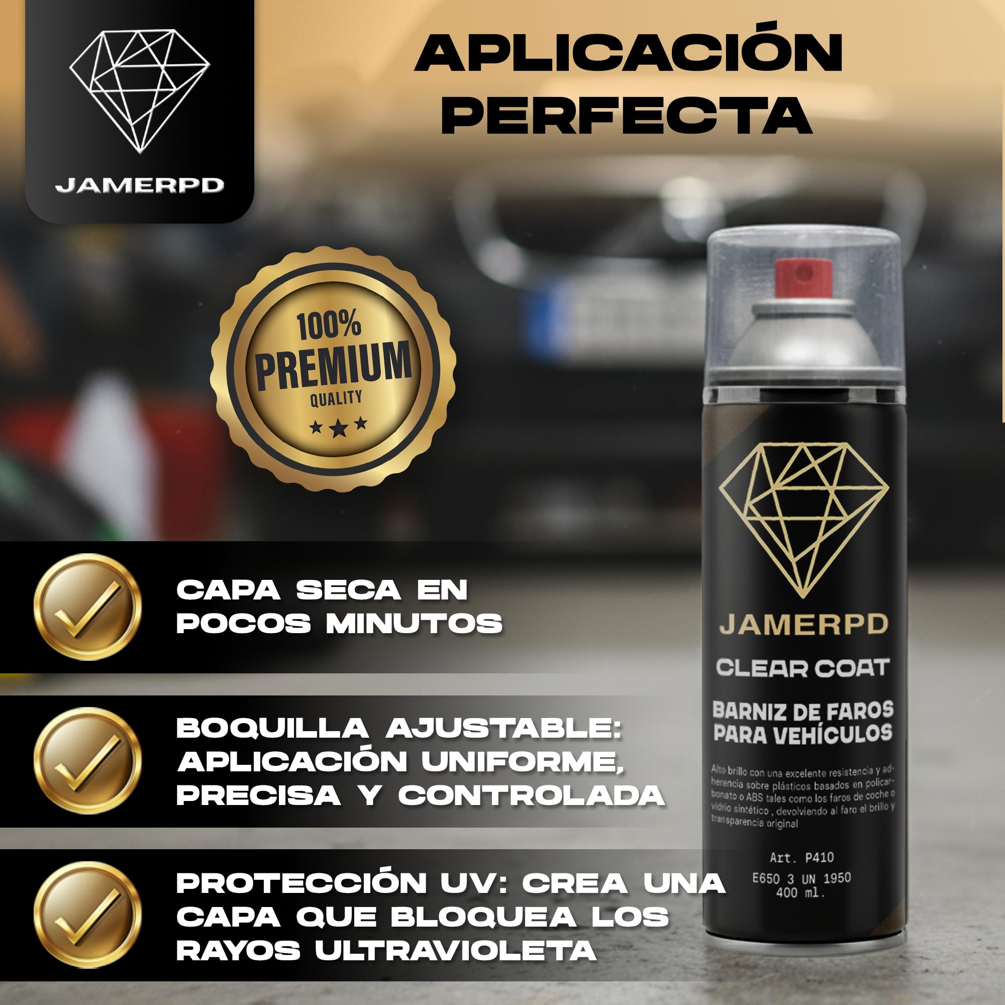 JAMERPD Pulir Faros Coche con Barniz Faros Coche - Alto Brillo y Excelente Resistencia - Adherencia sobre Plásticos - Devolviendo el Brillo y Transparencia Original de los Faros - 400 ml