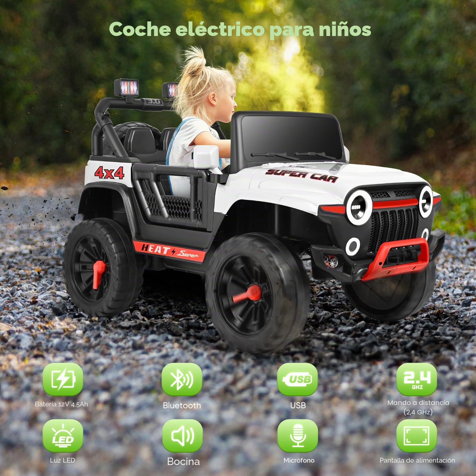 Vehículos eléctricos, coche eléctrico para niños, coche eléctrico infantil de 24V con mando a distancia, 2 motores de 150W, capacidad máxima de carga: 50 kg (blanco)