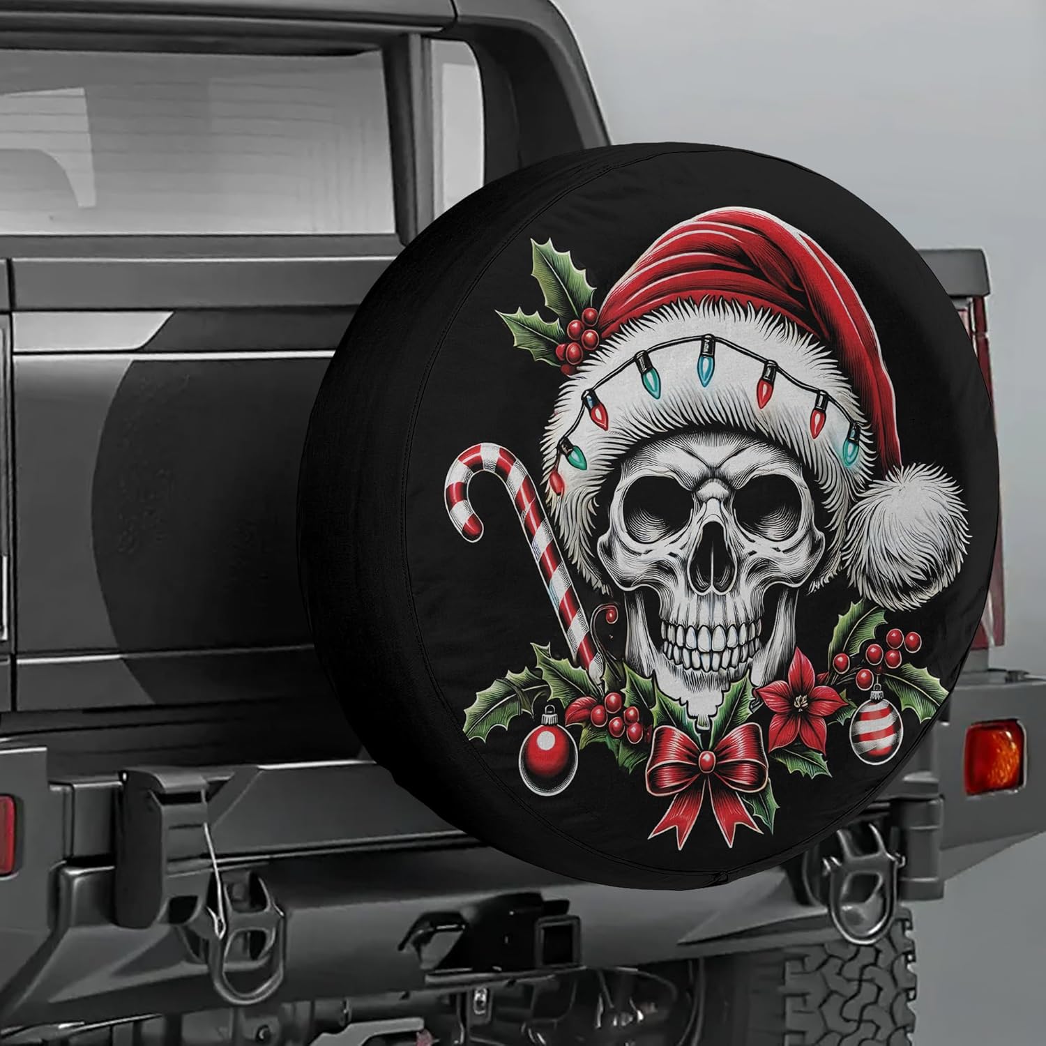 VanLich Shop Christmas with Santa Hat and Skull Spare Tire Cover with/Without Backup Camera Hole – Christmas Theme Tire Cover