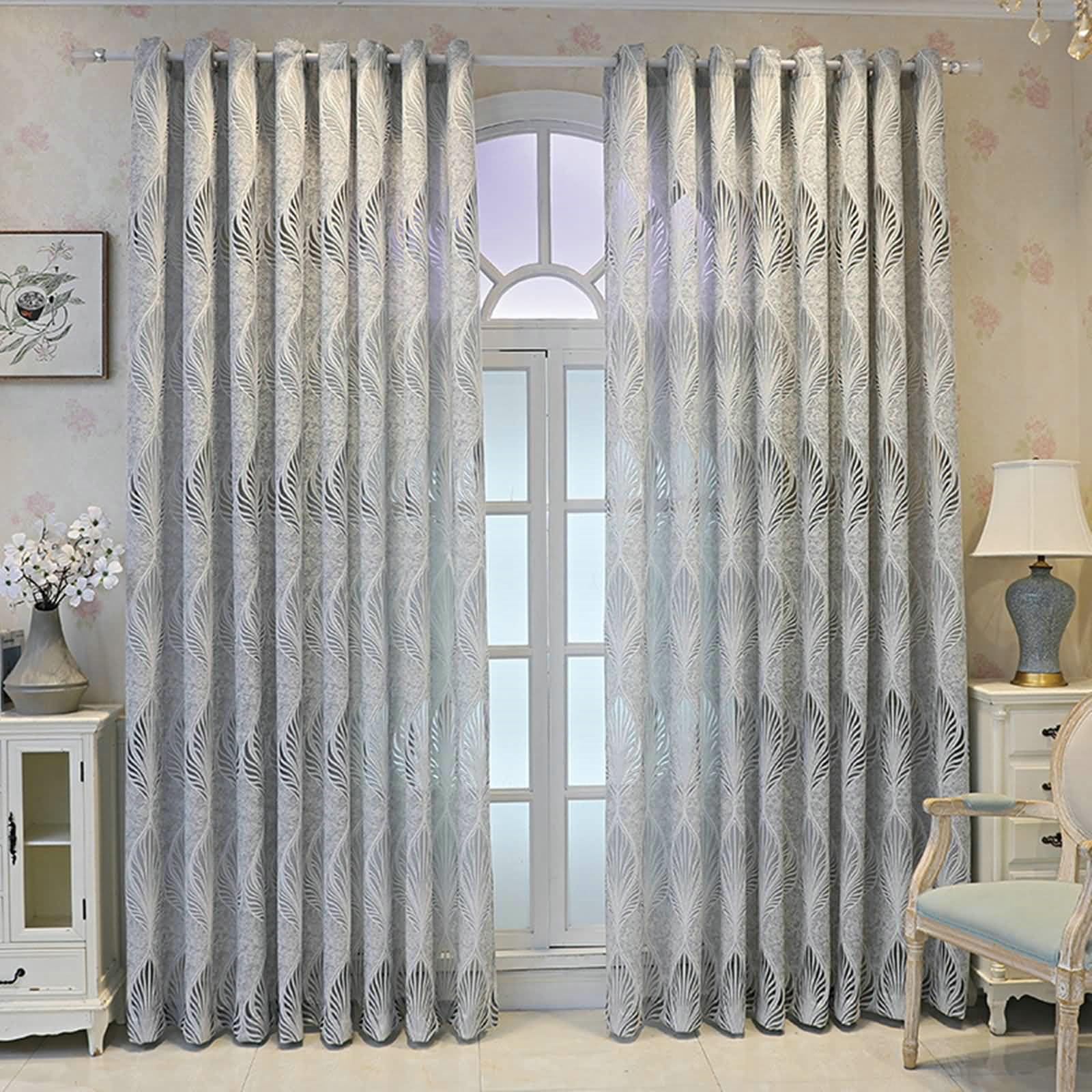 Vorhänge Durchsichtig Fenster, Vorhänge Einfach Blättermuster Vorhänge Wohnzimmer 2er Set H 115 x B 132 cm, Grau