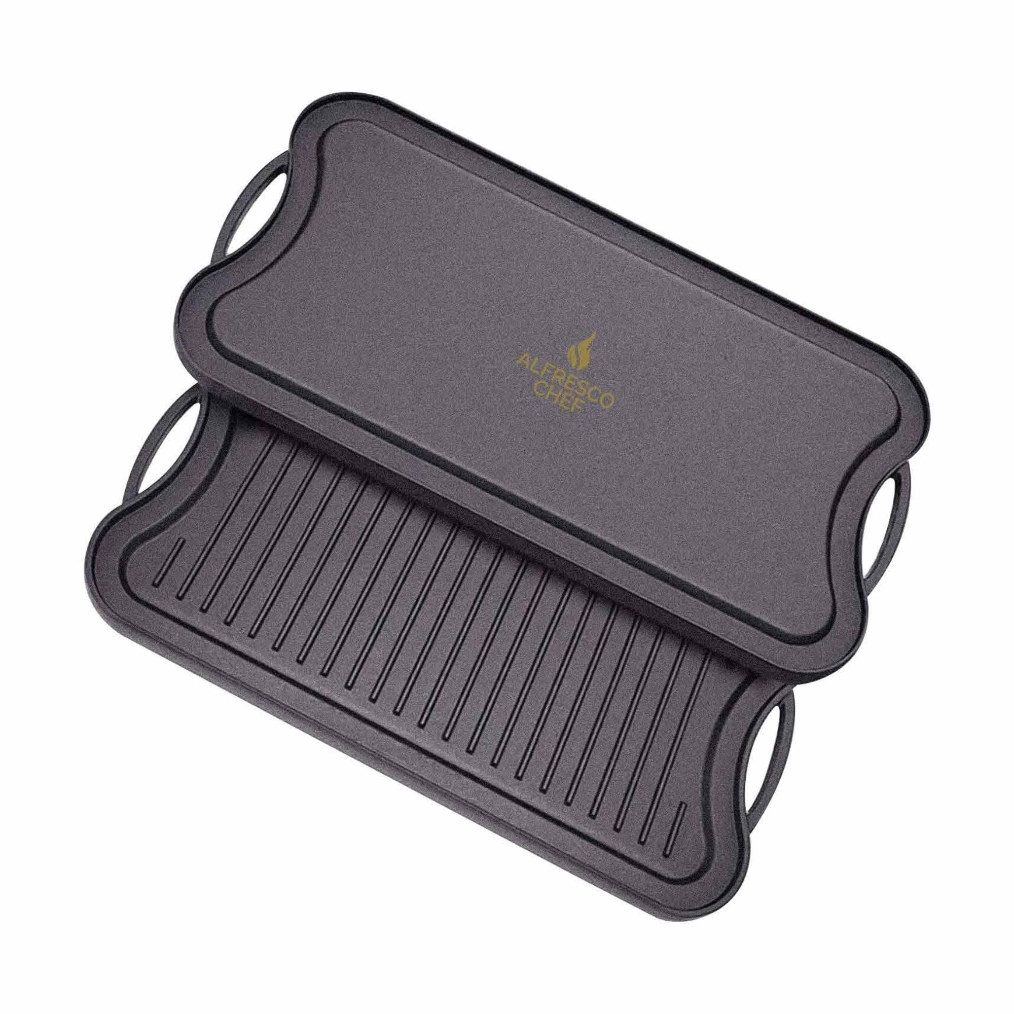 ALFRESCO CHEFHeavy Duty Cast Iron Griddle Plate for Gas Hob - 50x23 cm Non-Stick BBQ Grill Plate with Handles,Double-Sided for Electric Stove, Oven, Open Fire Cooking- Pre-Seasoned Cast Iron Griddle