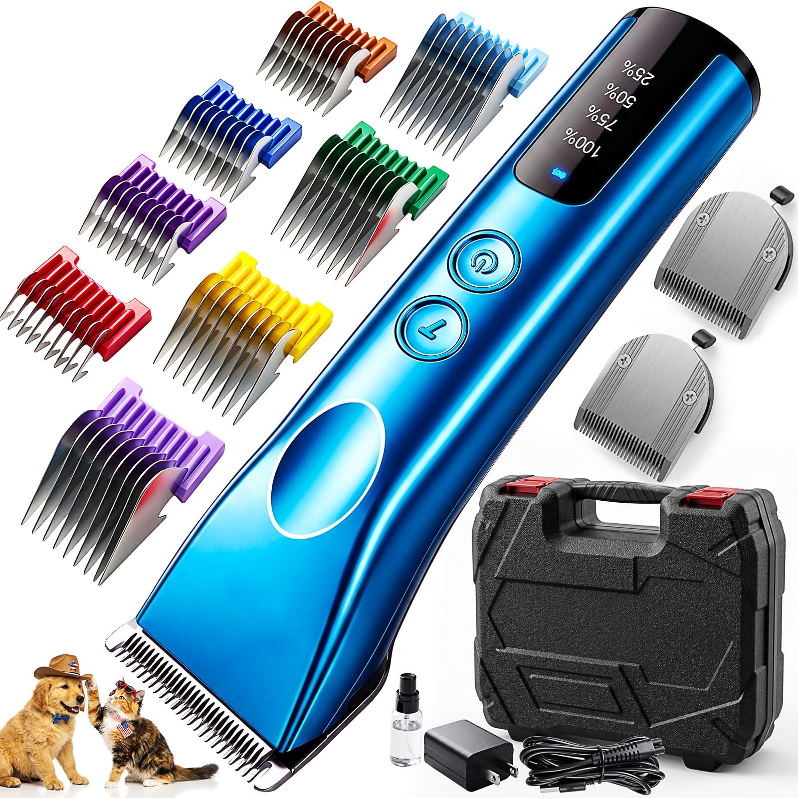 Tosatrice professionale per cani, kit per toelettatura animali domestici a 2 velocità, resistente, con 2 lame staccabili, 8 pettini in metallo, silenzioso, senza fili, per tutti i cappotti