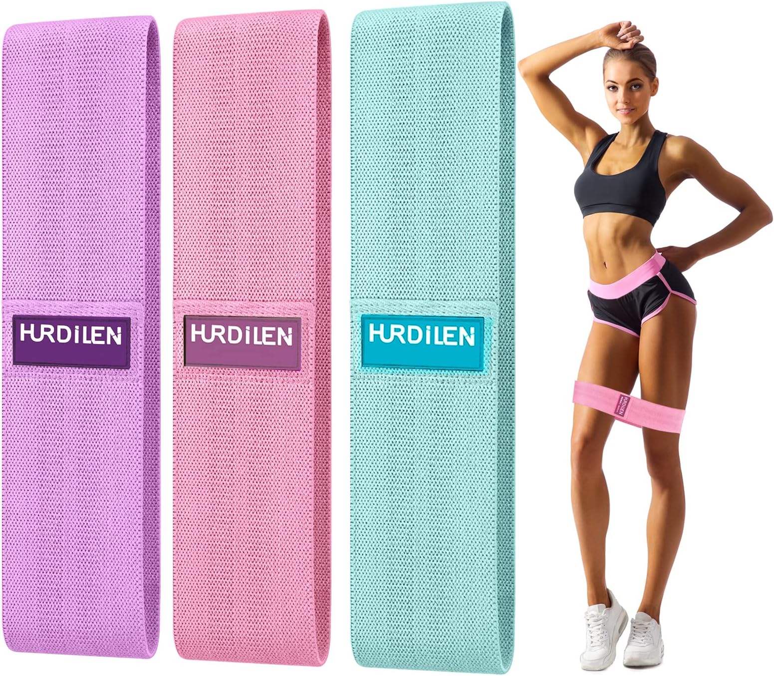 Hurdilen Resistance Bands Loop Exercise Bands,Workout Bands Hip Bands Hip Resistance Band for Legs and Butt,Activate Glutes and Thigh (Pink,Light Purple,Green)