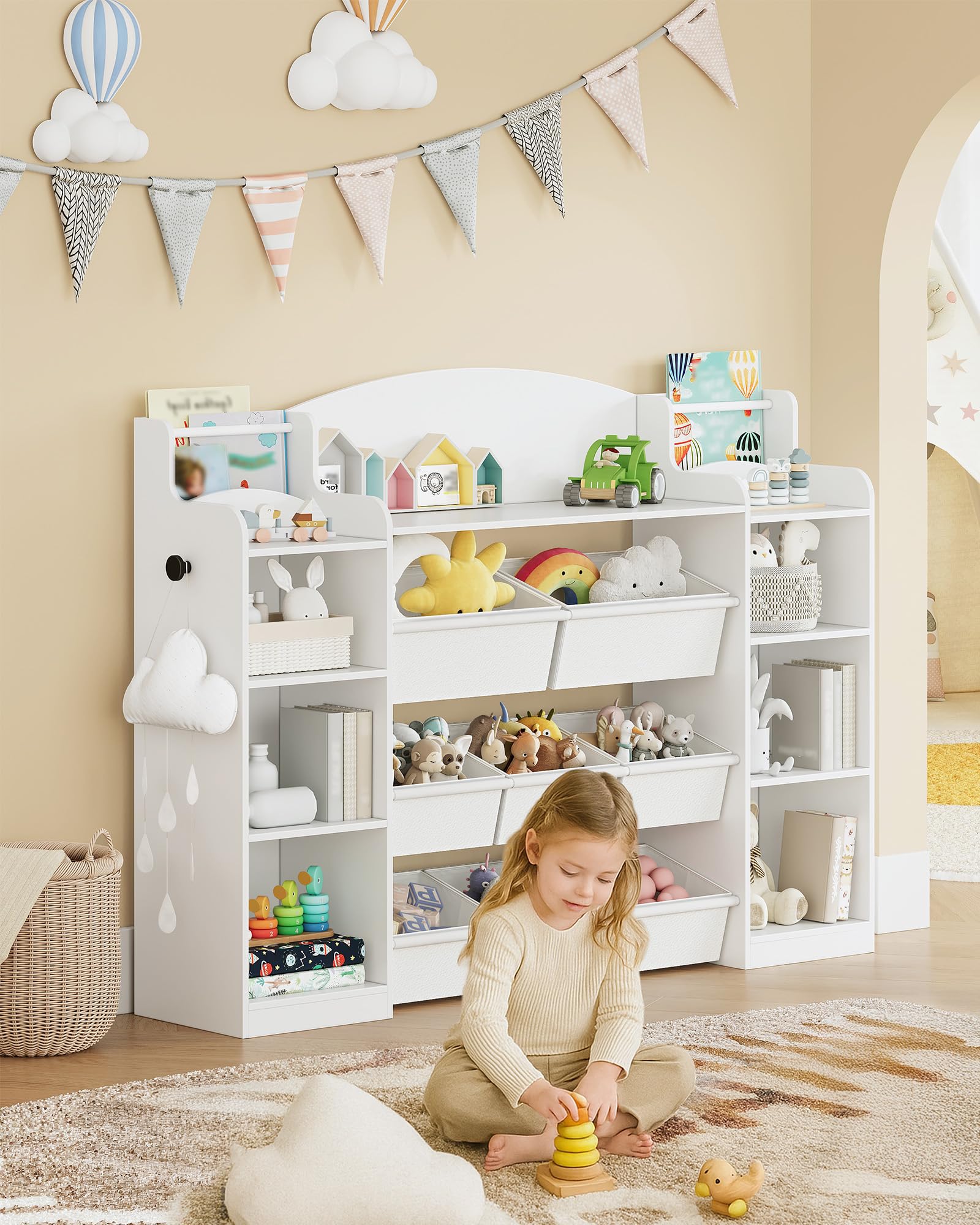 Hzuaneri Bibavecliothèque pour Enfants, étagère en Bois, étagère à Jouets 8 boîtes en Non-tissé pour Chambre d'enfant, Salon, Bureau Blanc 30 x 140 x 104 cm KB43003W
