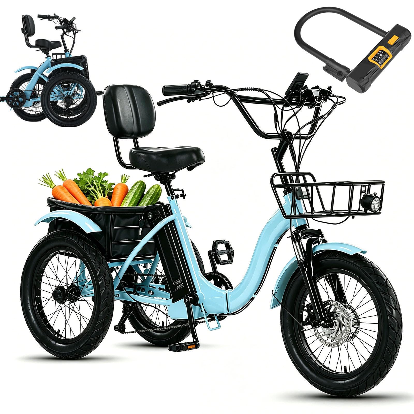 Wasd3Pods Electric Tricycle for Adults, 18" Folding Electric Trike with Large Capacity Basket and Safety Lock,Lightweight Portable,For Elderly Travel and Shopping Green