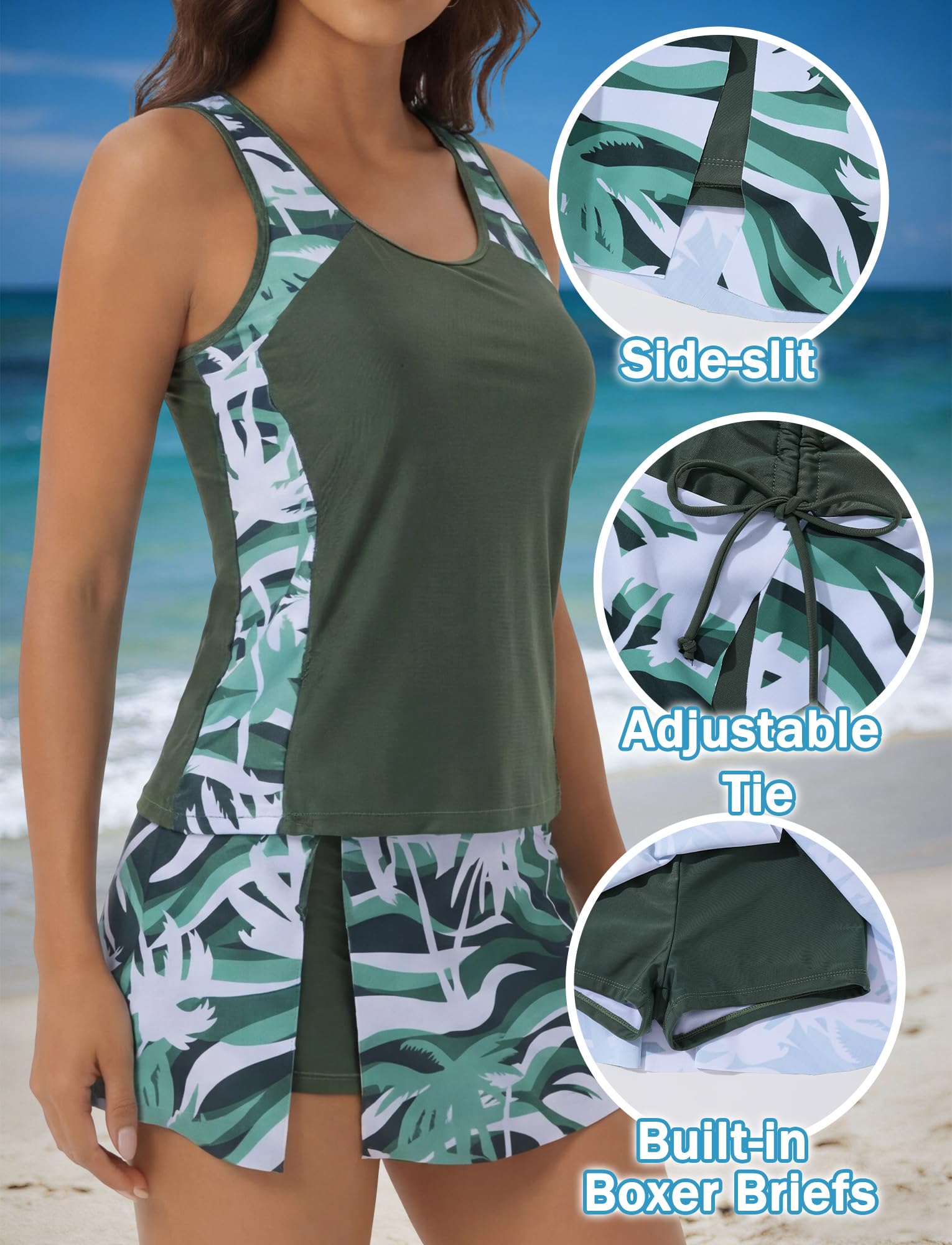 Maillot de Bain Tankini Femme 2 Pièces Gainant Ventre Plat avec Soutien Push-up Rembourré et Bas Taille Haute