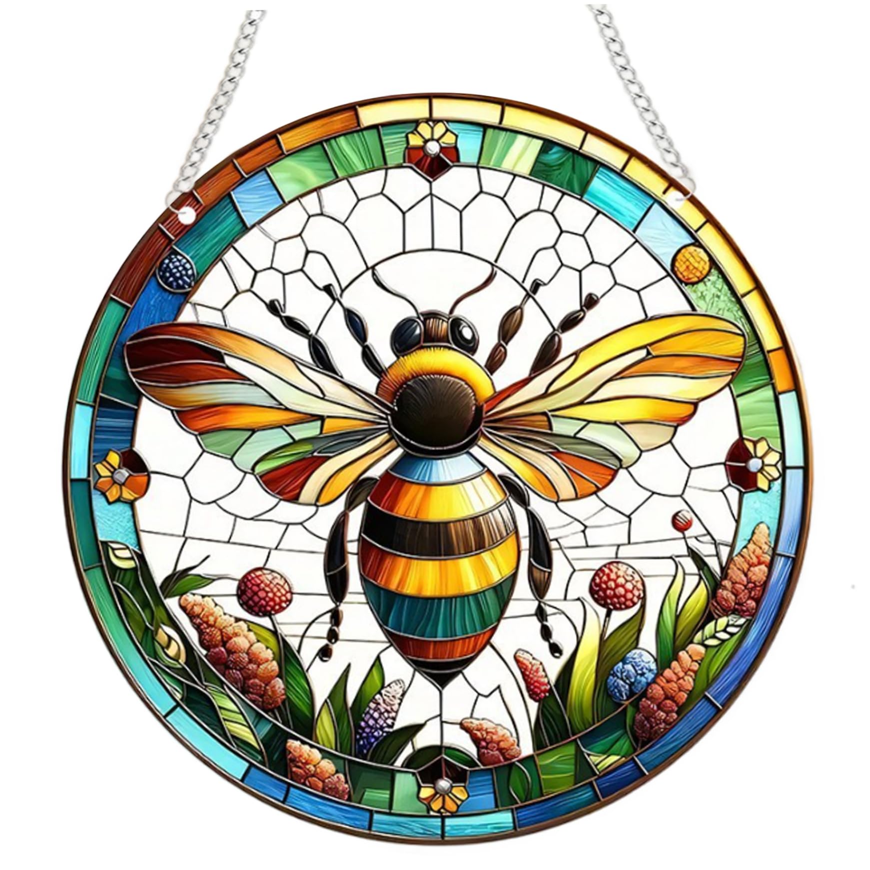 butterfly Stained glass window hanging with Bee Design Elegant glass Decor for Home and Garden 7.87"/20cm (Bee)