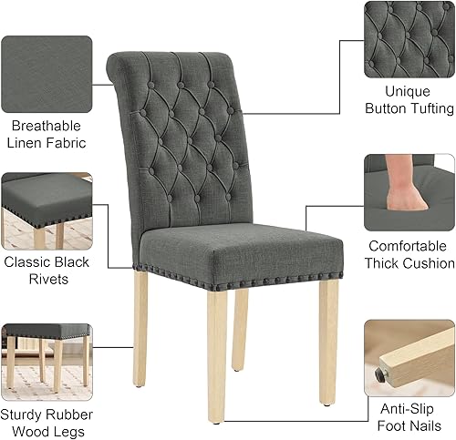 Miniatura 4 de LOULENS Juego de 4 sillas de comedor de tela, modernas sillas Parsons, sillas de comedor de moda con ribete de cabezas de clavos, acolchado con
