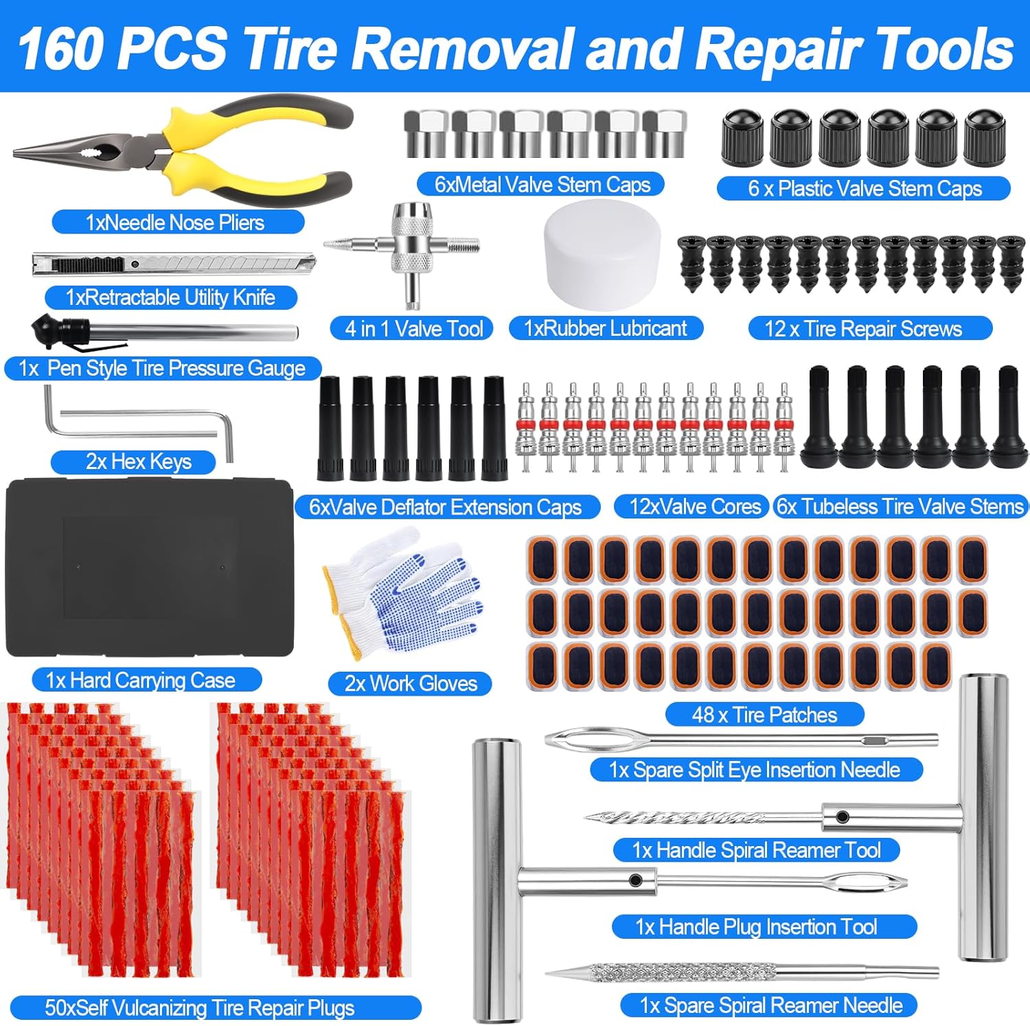 Tire Plug Kit, 160 PCS Tubeless Tire Repair Kit with Metal T-Handle Tools, Repair Strips, Screw-in Repair Plugs, Valve Stem Service Accessories, Pressure Gauge, Gloves & Hard Case