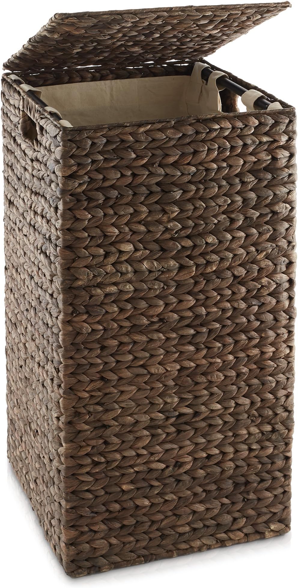 Casafield Laundry Hamper with Lid and Removable Liner Bag - Espresso Dark Brown, Woven Water Hyacinth Square Laundry Basket Sorter for Clothes, Towels