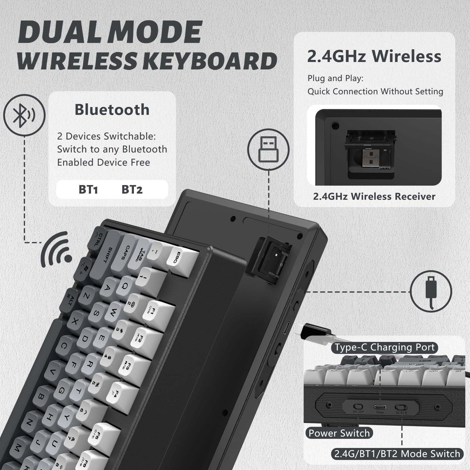 ATTACK SHARK X FREEWOLF M87 80% Bezprzewodowa Klawiatura Do Gier, TKL RGB SA Klawiatura PBT Bluetooth /2,4 GHz Podwójny Tryb, Bateria 4000 mAH do Komputerów Mac/Win - Czarny Gradient