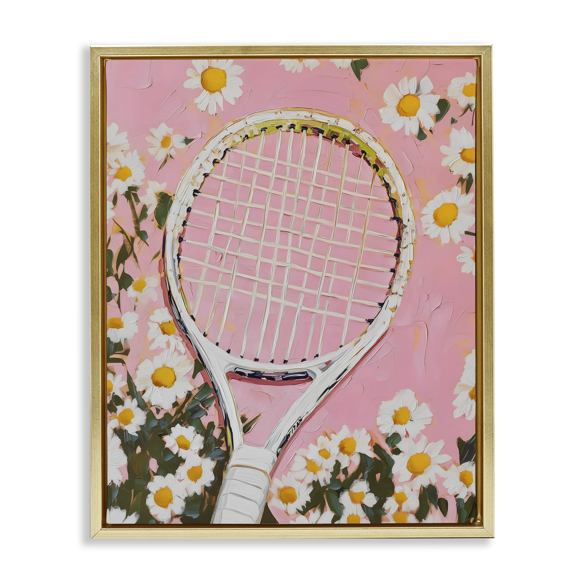 Stupell Industries Metallic Gold (Matte) 'Pink Tennis Racket & Daisies'| Floating Frame Canvas Art