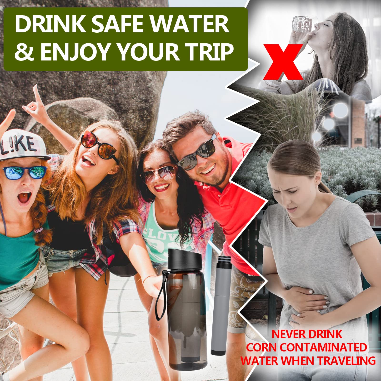 Depuratore d'Acqua Portatile, Borraccia Filtrante Da Viaggio Filtri per Acqua Potabile diretti di Emergenza all'aperto Tappo per Escursioni, Campeggio, Sopravvivenza e Viaggi (BLACK)