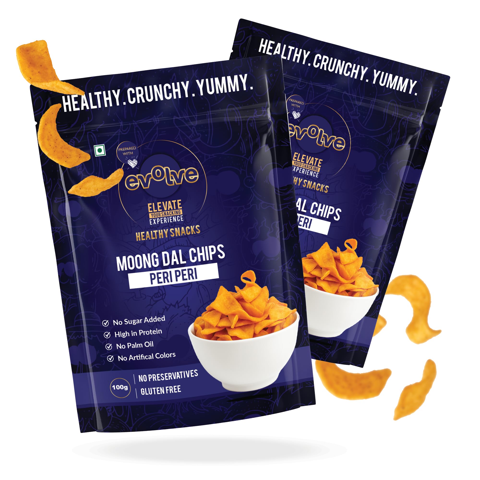Evolve Moong Dal Chips Healthy Snacks | Roasted, Gluten Free Snacks, No Palm Oil & Artifical colors, Moong Dal Snack, Peri Peri Flavor - 100gm Pack of 2