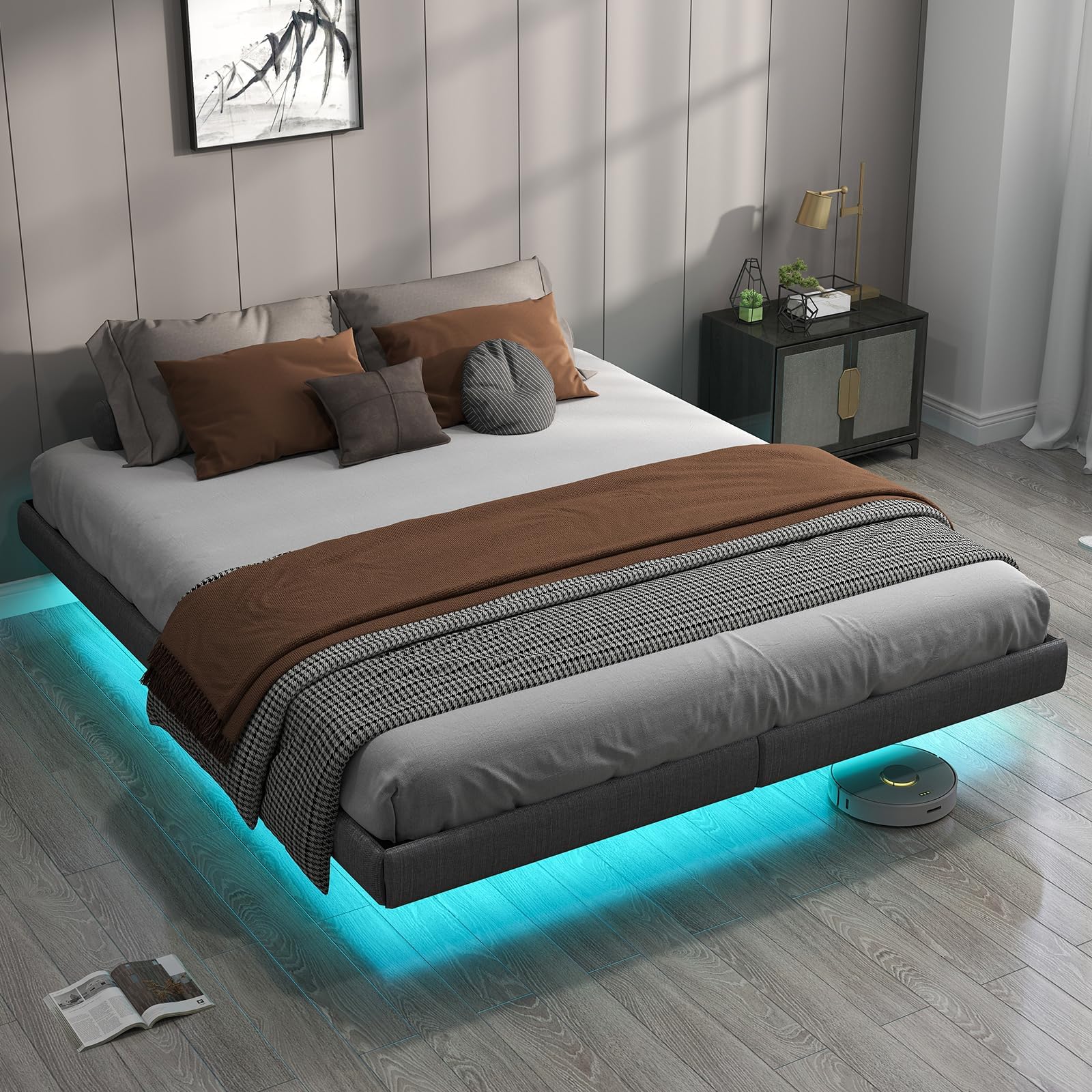 Floating Bed Frame King with LED Lights, Metal Platform King size Floating Bed Frame with Under Bed Storage, Heavy Duty Steel Slats Support, No Box Spring Needed, Noise Free, Easy Assembly, Grey