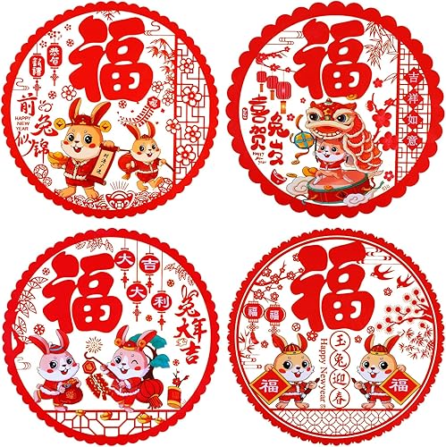 20 adhesivos para ventana de Año Nuevo chino bonitas calcomanías de personajes de conejo fu decoraciones de Año Nuevo chino 2023 para ventanas