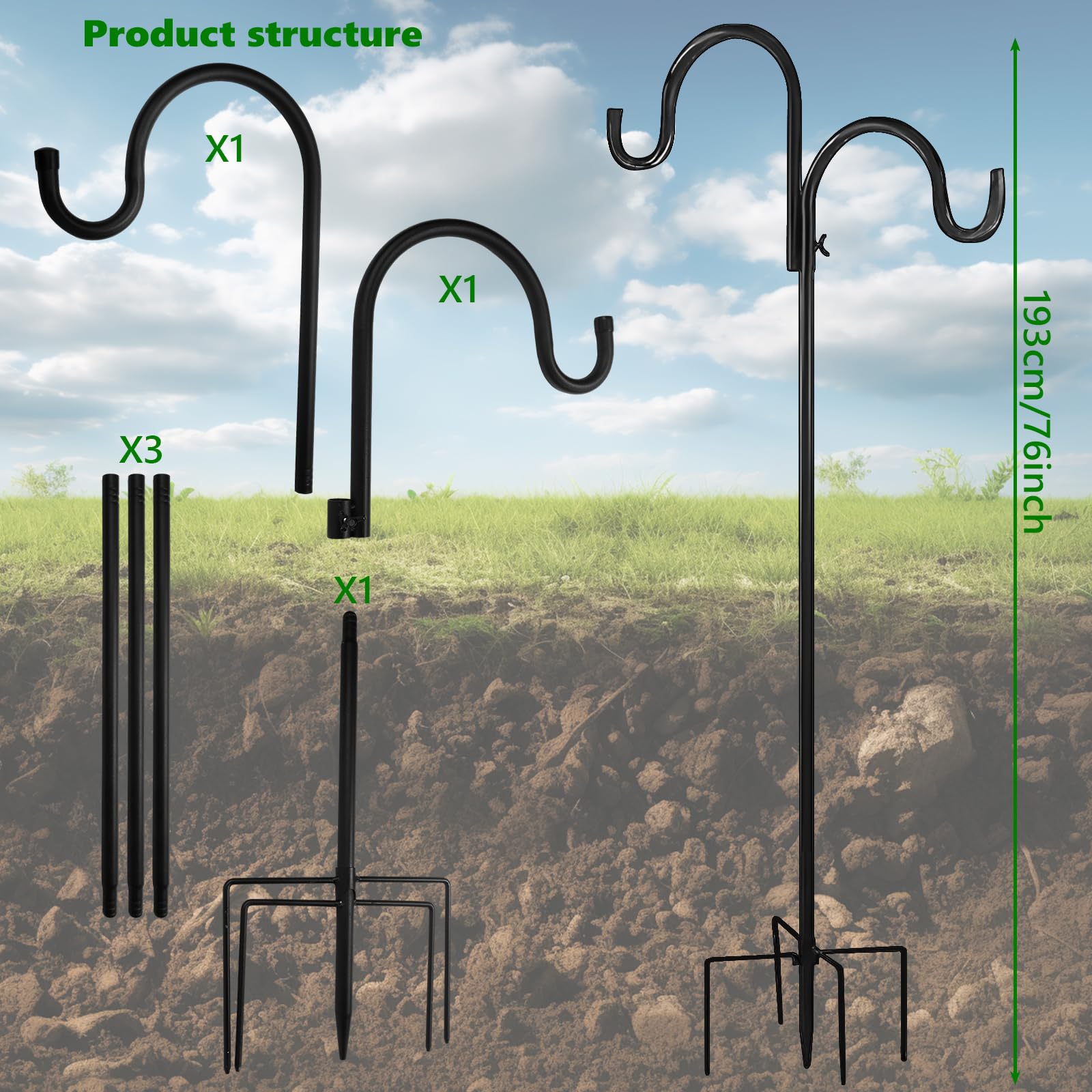 Schäferhaken für Vogelhäuschen 193cm, Dicke Metall Gartenstab mit Haken, Outdoor Abnehmbarer Hirtenstab für mit 5-Zinken-Basis, für Laternen, Pflanzen, Aufhänger, Vögel, Gartenhängepfahl Futterspender