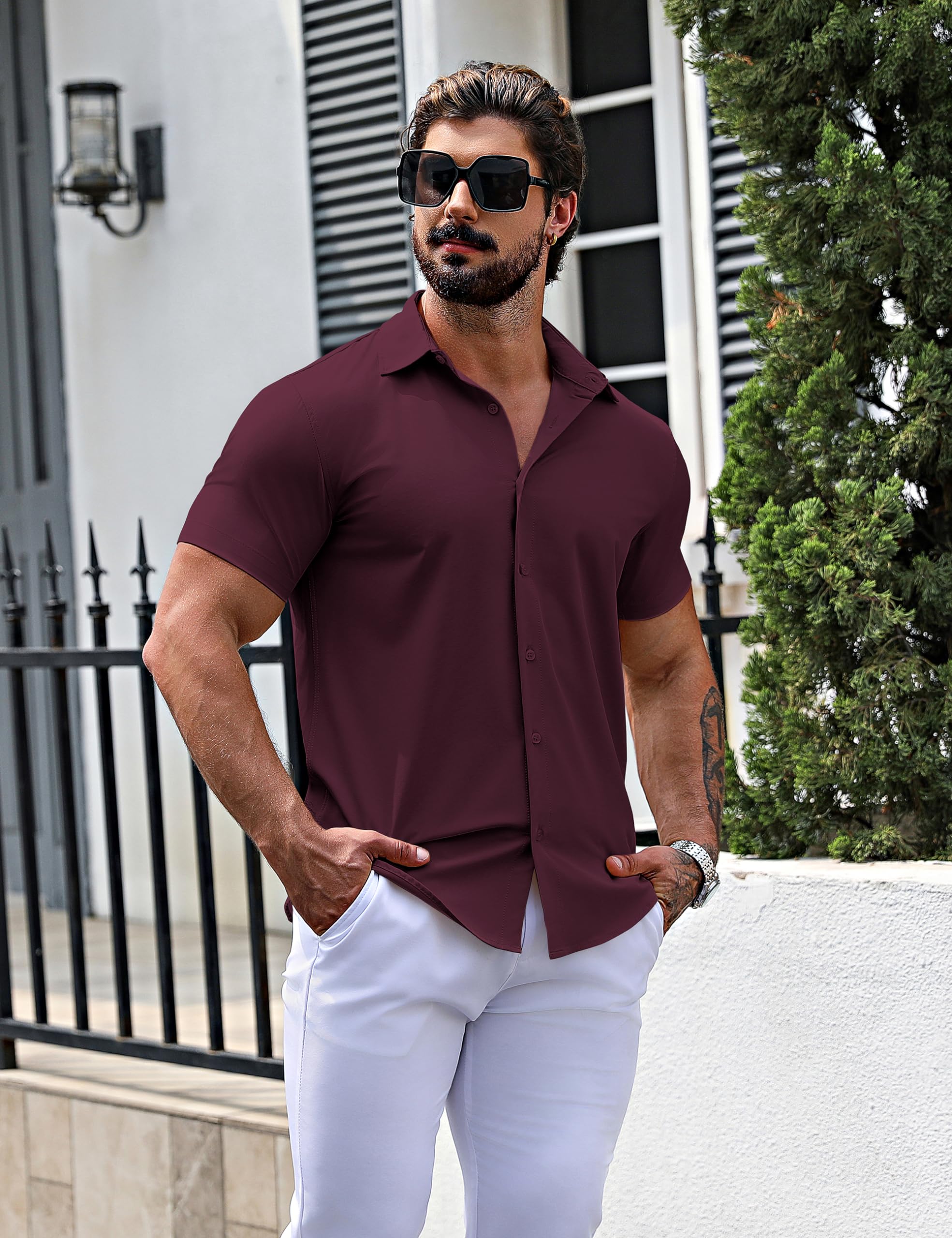 URRU Camisas de Vestir musculares para Hombre, Ajustadas, elásticas, de Manga Corta, Casuales, con Botones, para Hombre, Manga Corta-Vino Rojo, Medium