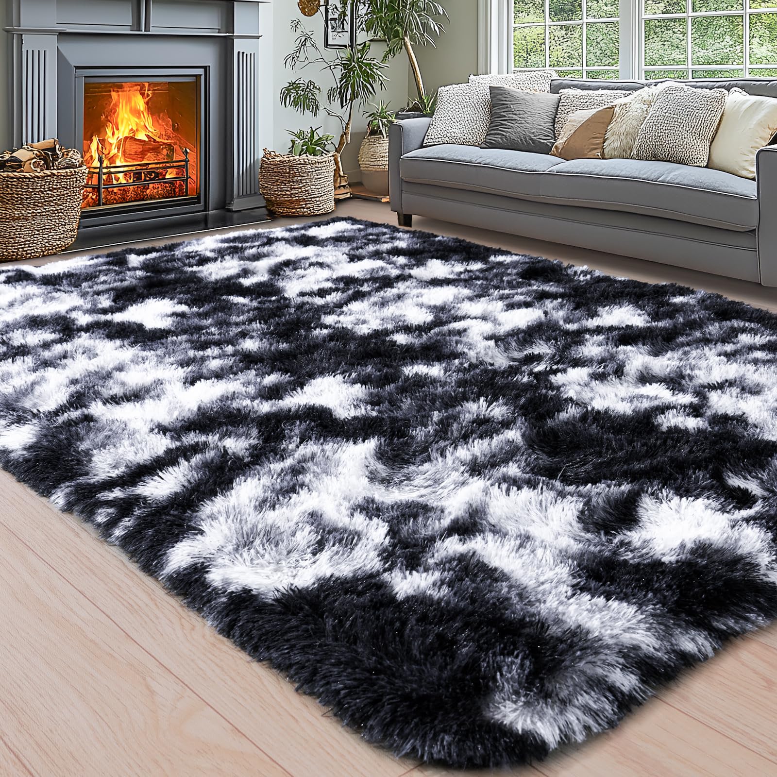 Area Rugs for Living Room 6x9, Ultra Soft Fluffy Rug for Bedroom, Modern Shaggy Carpets Fuzzy Rug for Girls Boys Room Home Indoor Nursery Teens Dorm Decor, Upgrade Non-Slip Durable, Black and White