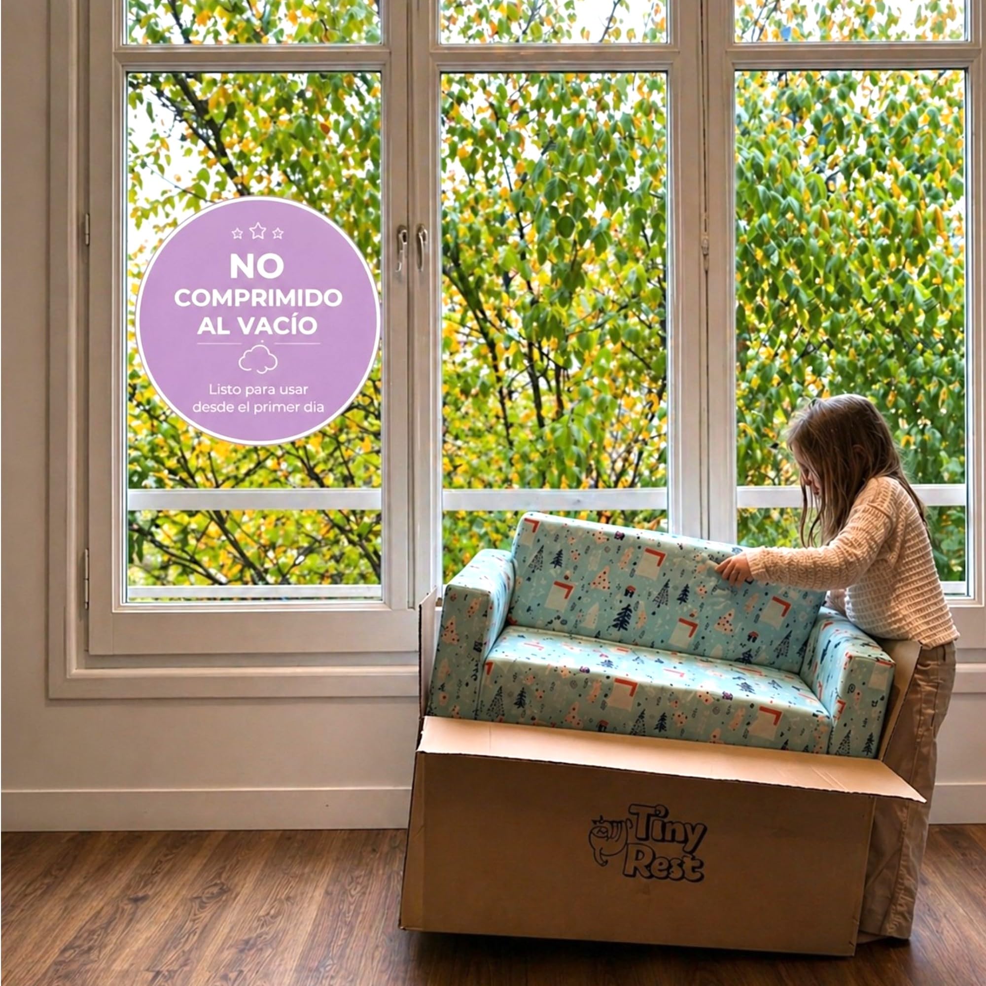 Sofá infantil plegable 2 en 1 de espuma alta densidad (25 kg/m³) - Sillón infantil ligero 2 kg, desenfundable, seguro, OEKO-TEX, Montessori desde 9 meses, no comprimido al vacío. (UNICORNIOS)